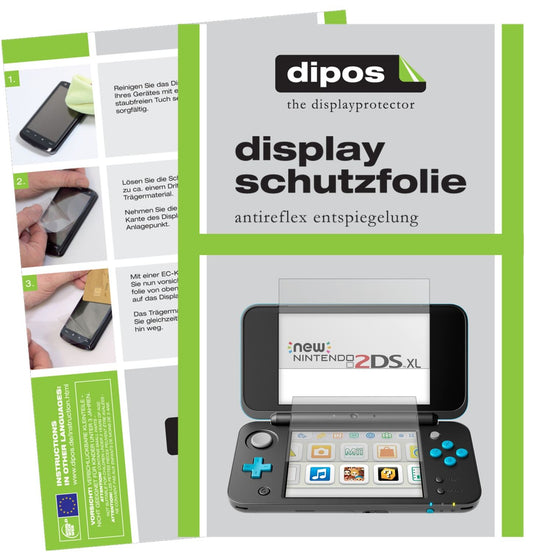 Matte Displayschutzfolie von dipos passend für Nintendo 2DS XL, präziser Zuschnitt und blasenfrei montiert