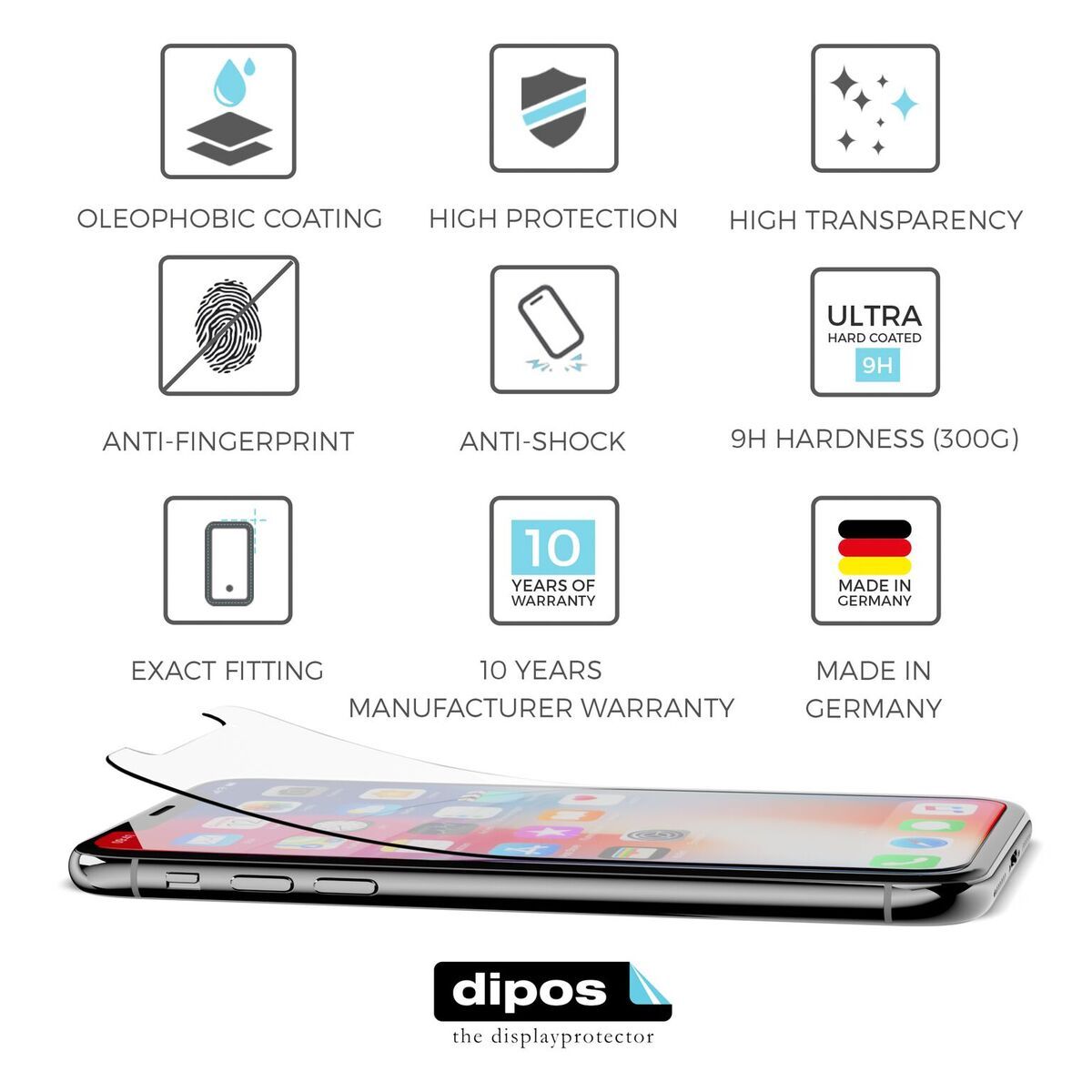 AppleiPhone X mit aufgebrachter dipos Flex Schutzfolie, glasklare Darstellung ohne Einschränkungen