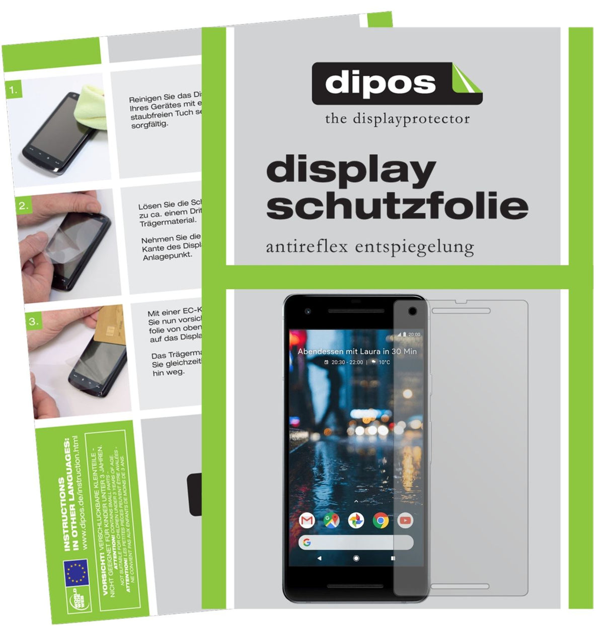 Matte Displayschutzfolie von dipos passend für Google Pixel 2, präziser Zuschnitt und blasenfrei montiert