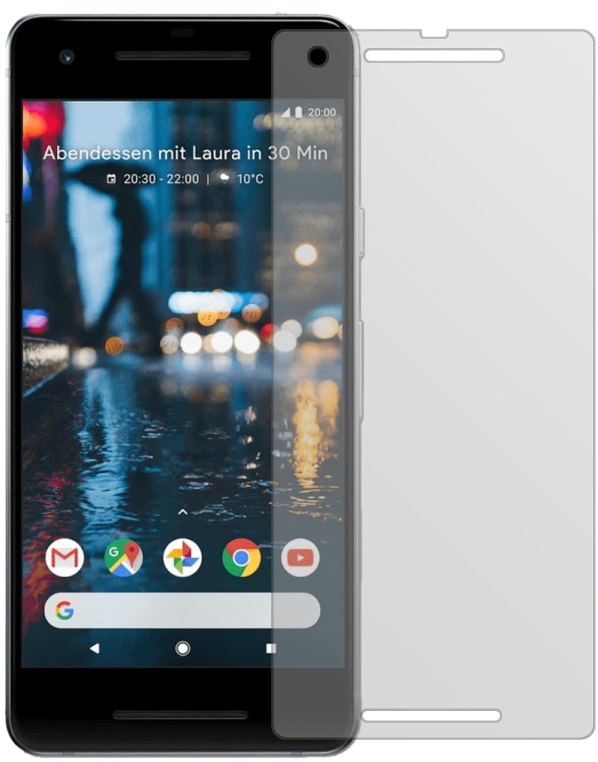 GooglePixel 2 mit aufgebrachter dipos Displayschutzfolie, die lästige Fingerabdrücke minimiert