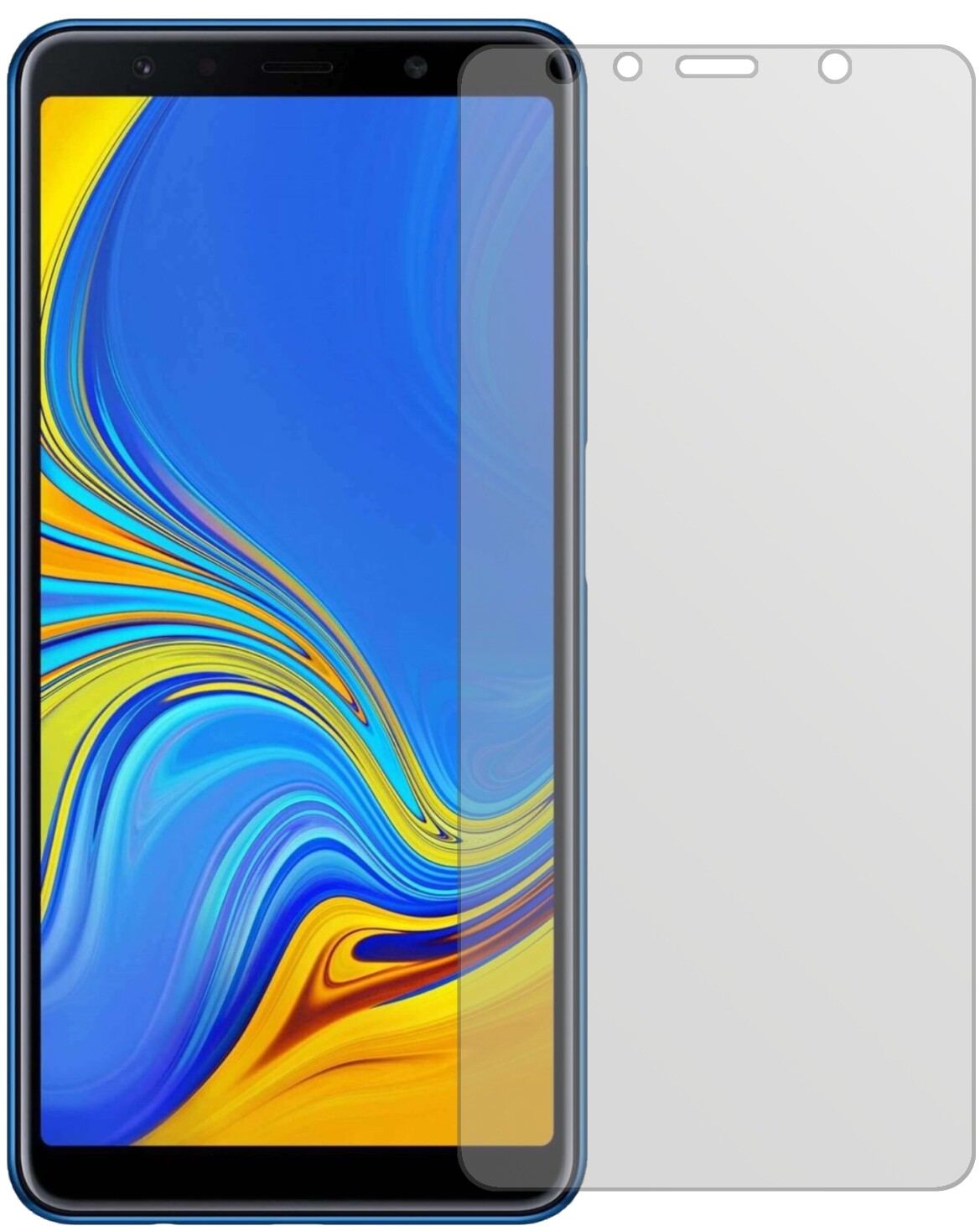 SamsungGalaxy A7 (2018) mit aufgebrachter dipos Displayschutzfolie, die lästige Fingerabdrücke minimiert