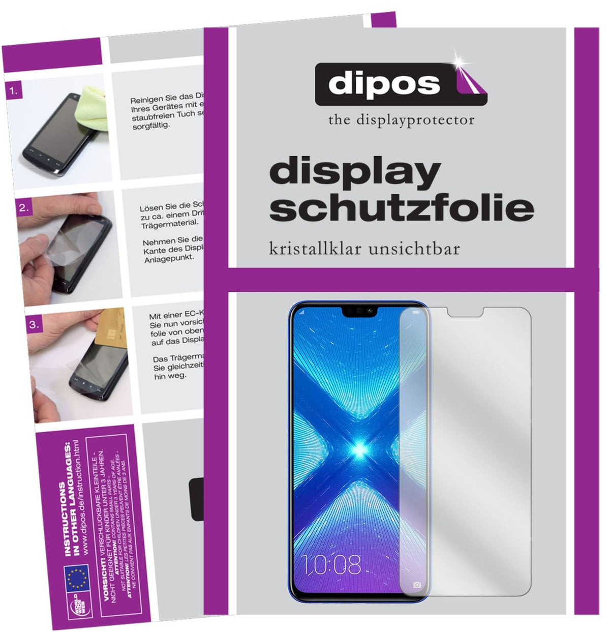 Klare Displayschutzfolie von dipos passend für Honor 8X Max, präziser Zuschnitt und blasenfrei montiert