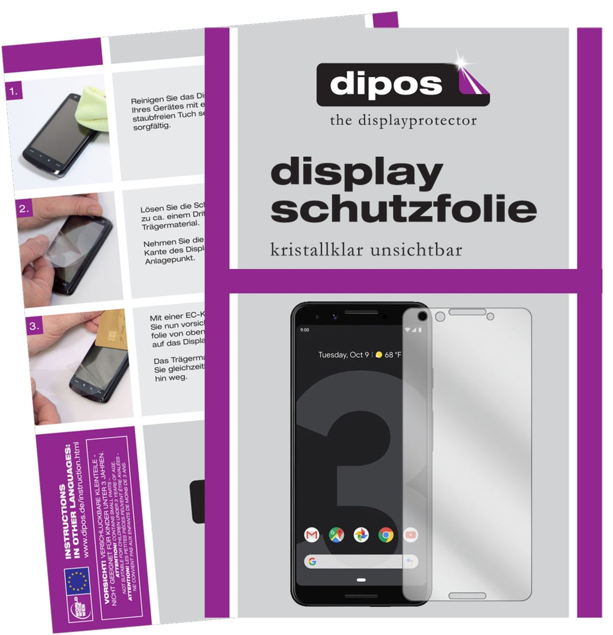 Klare Displayschutzfolie von dipos passend für Google Pixel 3, präziser Zuschnitt und blasenfrei montiert