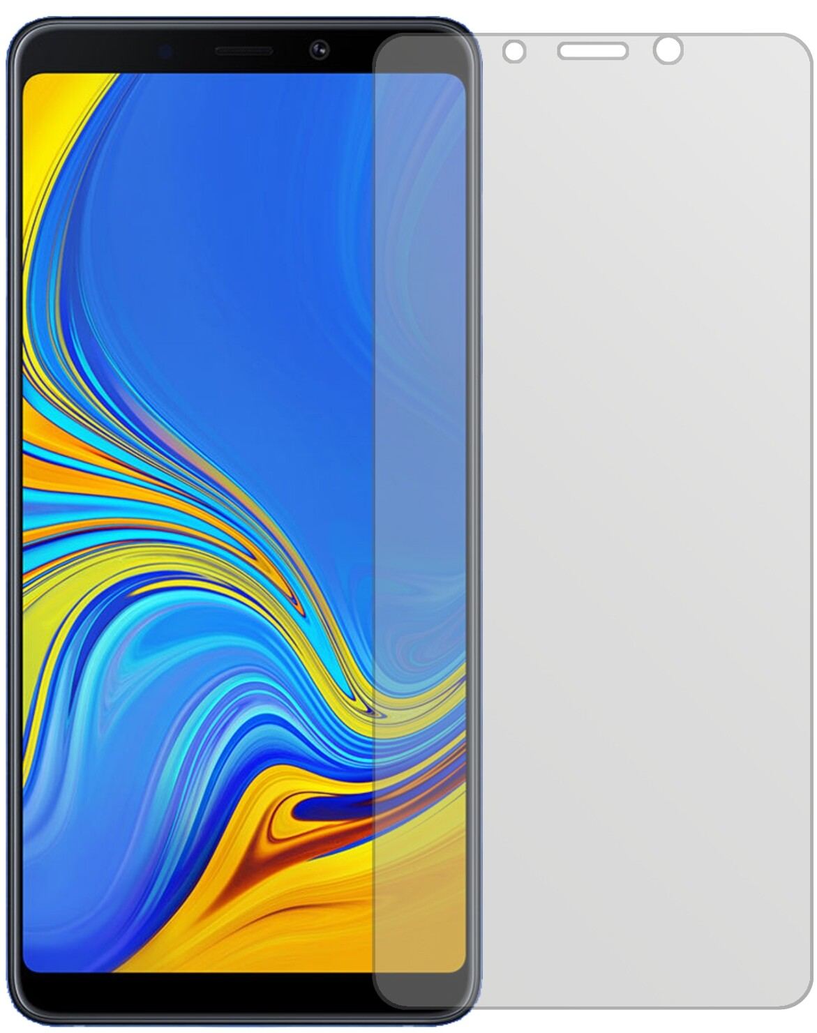 SamsungGalaxy A9 (2018) mit aufgebrachter dipos Displayschutzfolie, die lästige Fingerabdrücke minimiert