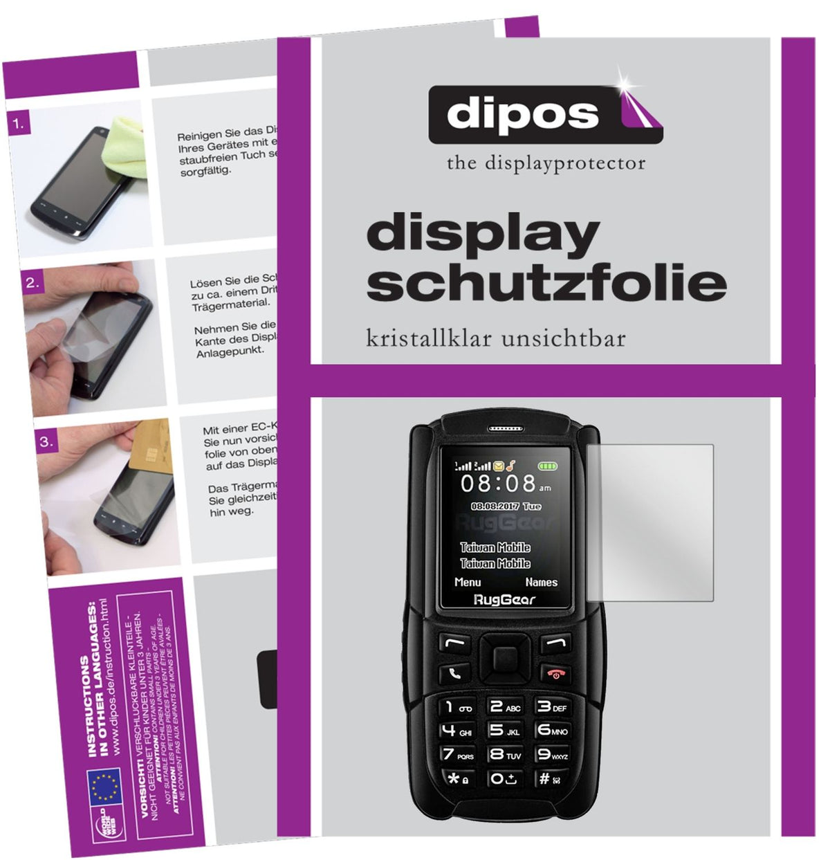 Klare Displayschutzfolie von dipos passend für Ruggear RG129 (2018), präziser Zuschnitt und blasenfrei montiert