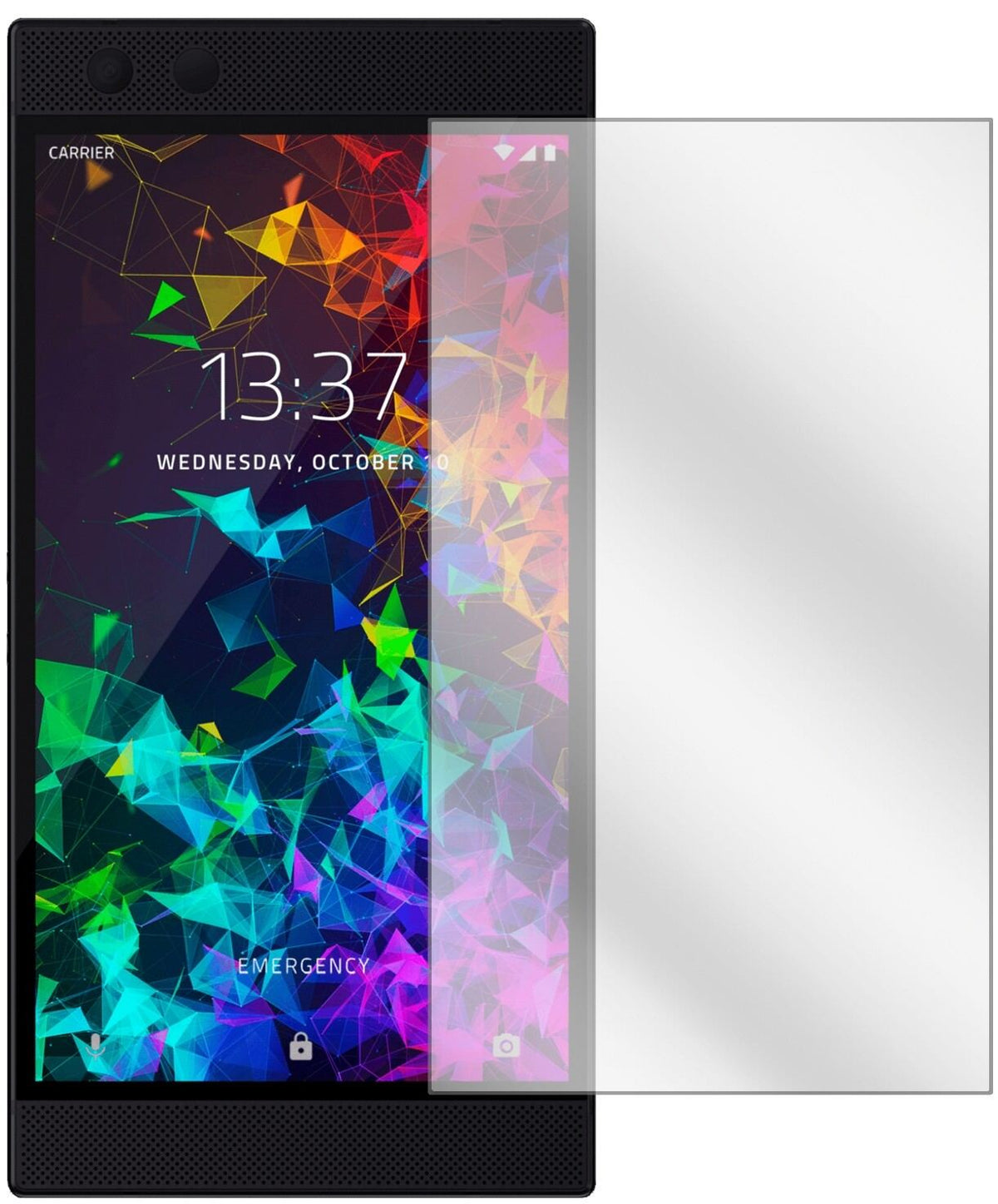 RazerPhone 2 mit aufgebrachter dipos Displayschutzfolie, glasklare Darstellung ohne Einschränkungen
