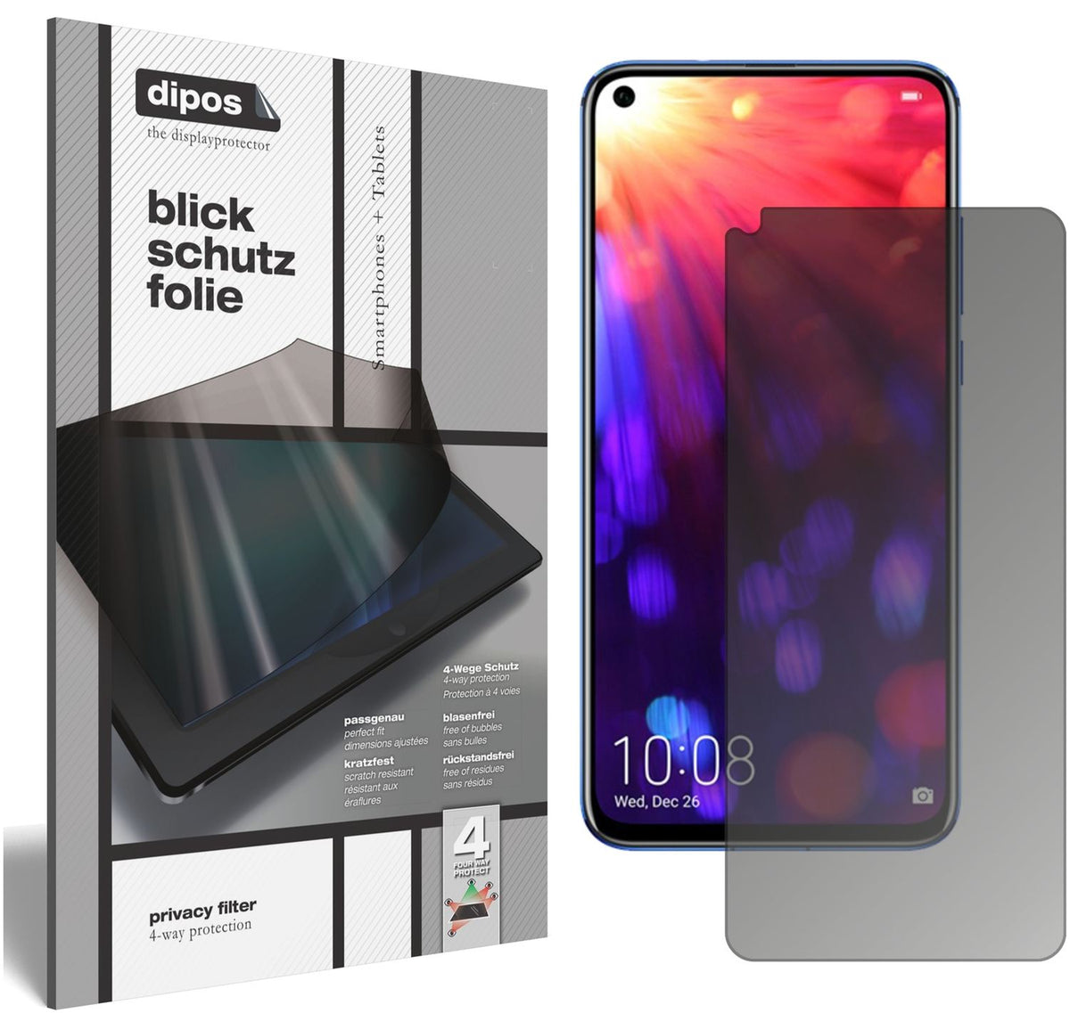 Blickschutzfolie von dipos passend für Honor V20, präziser Zuschnitt und blasenfrei montiert