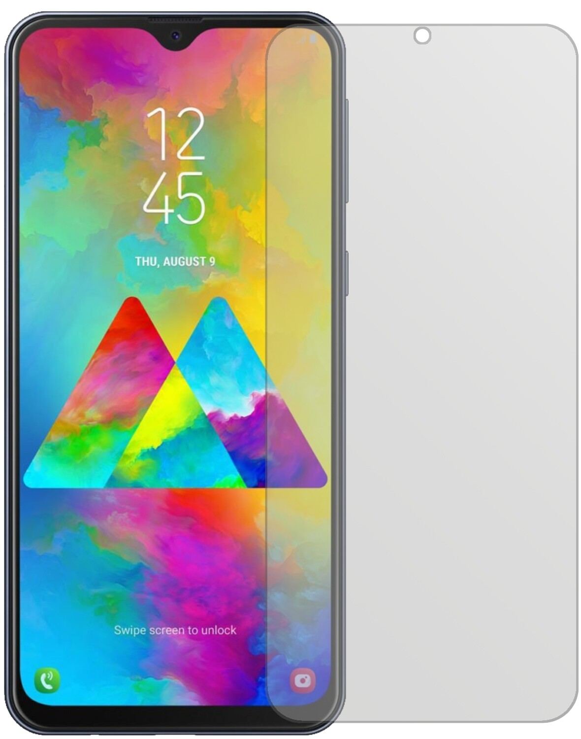 SamsungGalaxy M20 mit aufgebrachter dipos Displayschutzfolie, die lästige Fingerabdrücke minimiert