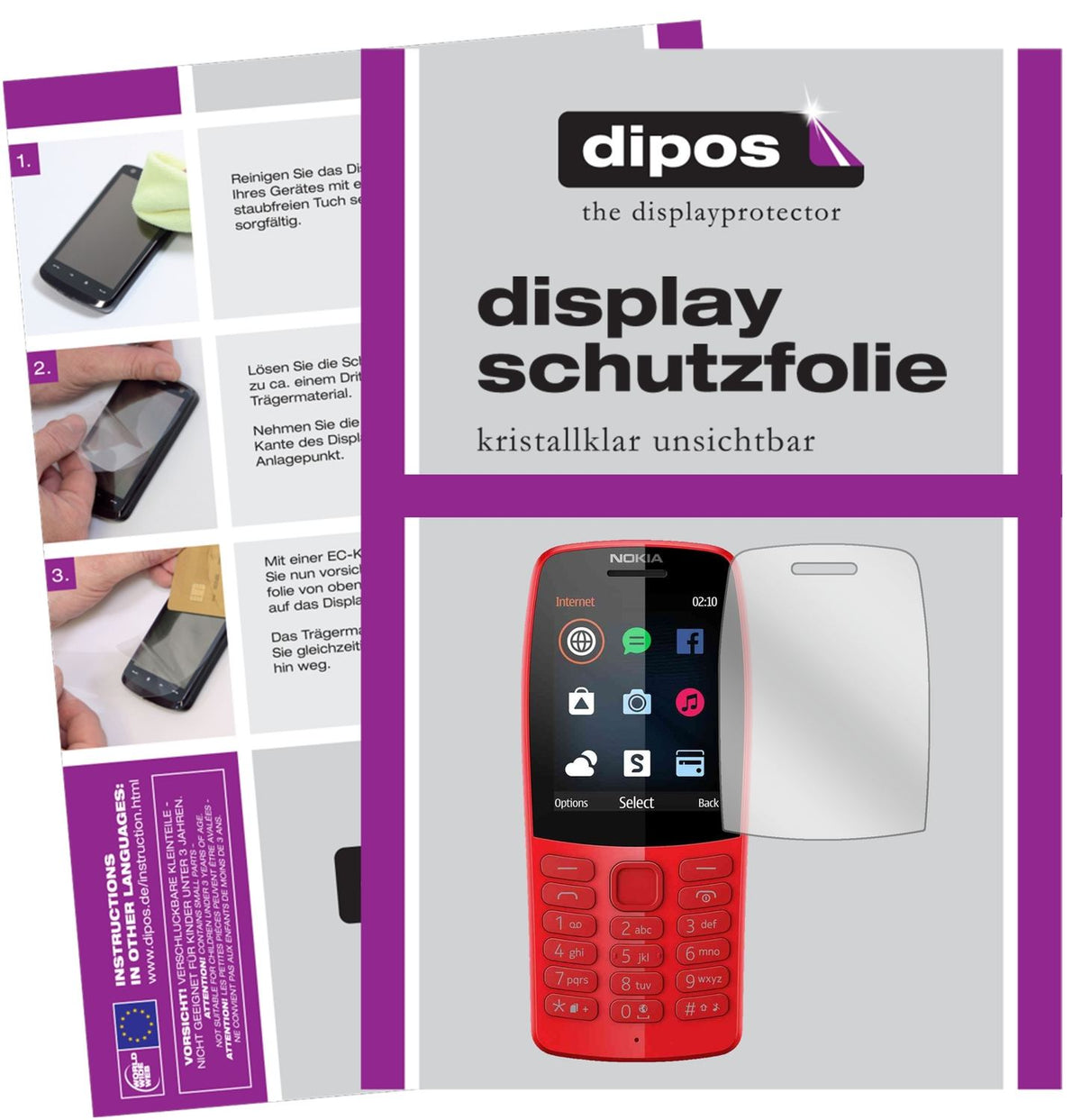 Klare Displayschutzfolie von dipos passend für Nokia 210, präziser Zuschnitt und blasenfrei montiert