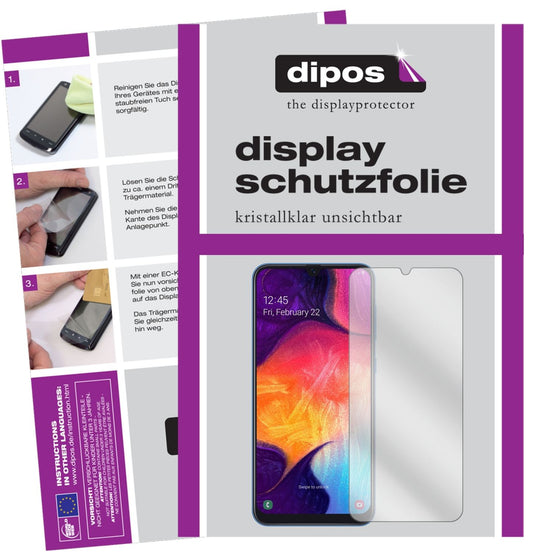 Klare Displayschutzfolie von dipos passend für Samsung Galaxy A50, präziser Zuschnitt und blasenfrei montiert