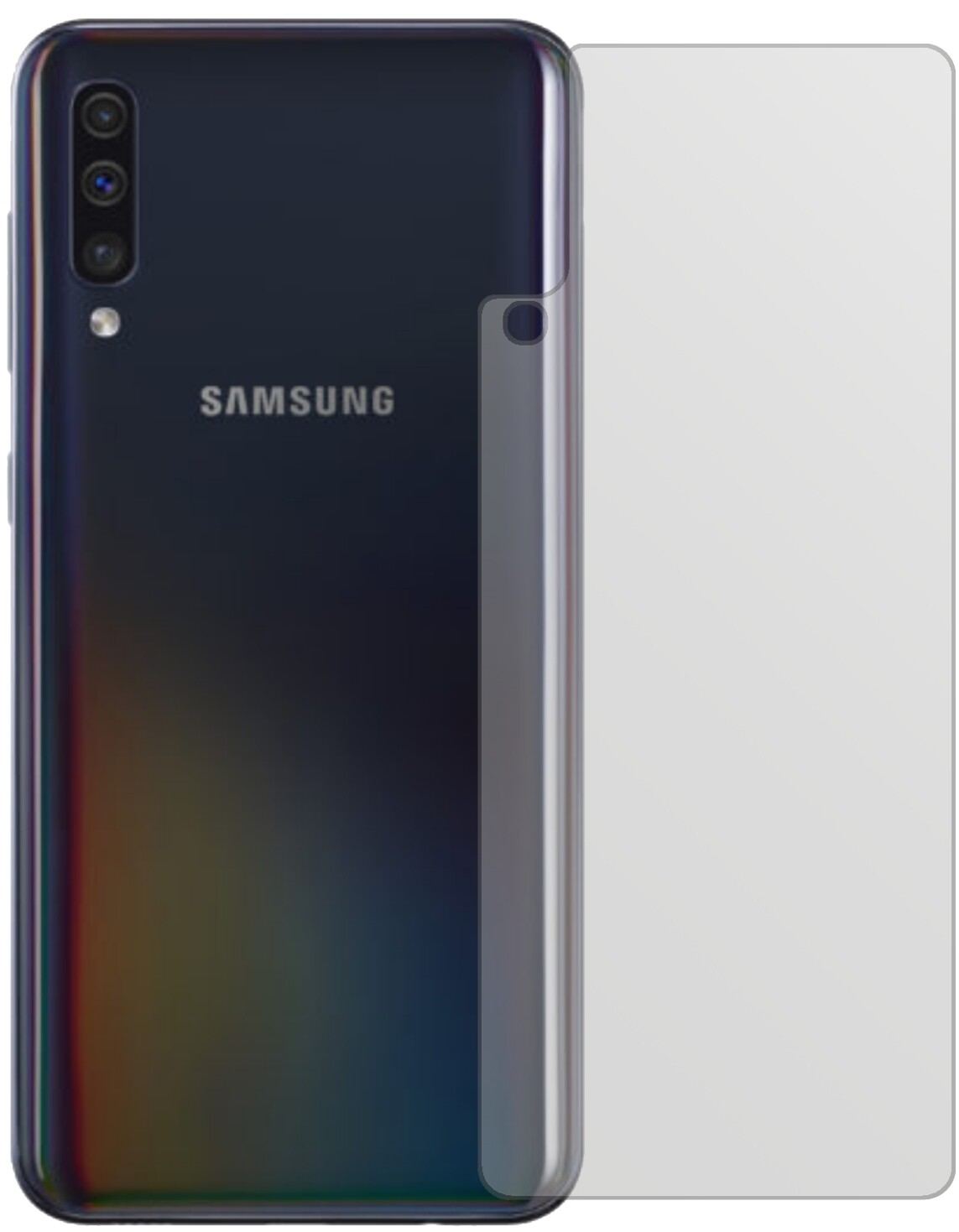 SamsungGalaxy A40 Rückseite mit aufgebrachter dipos Displayschutzfolie, die lästige Fingerabdrücke minimiert