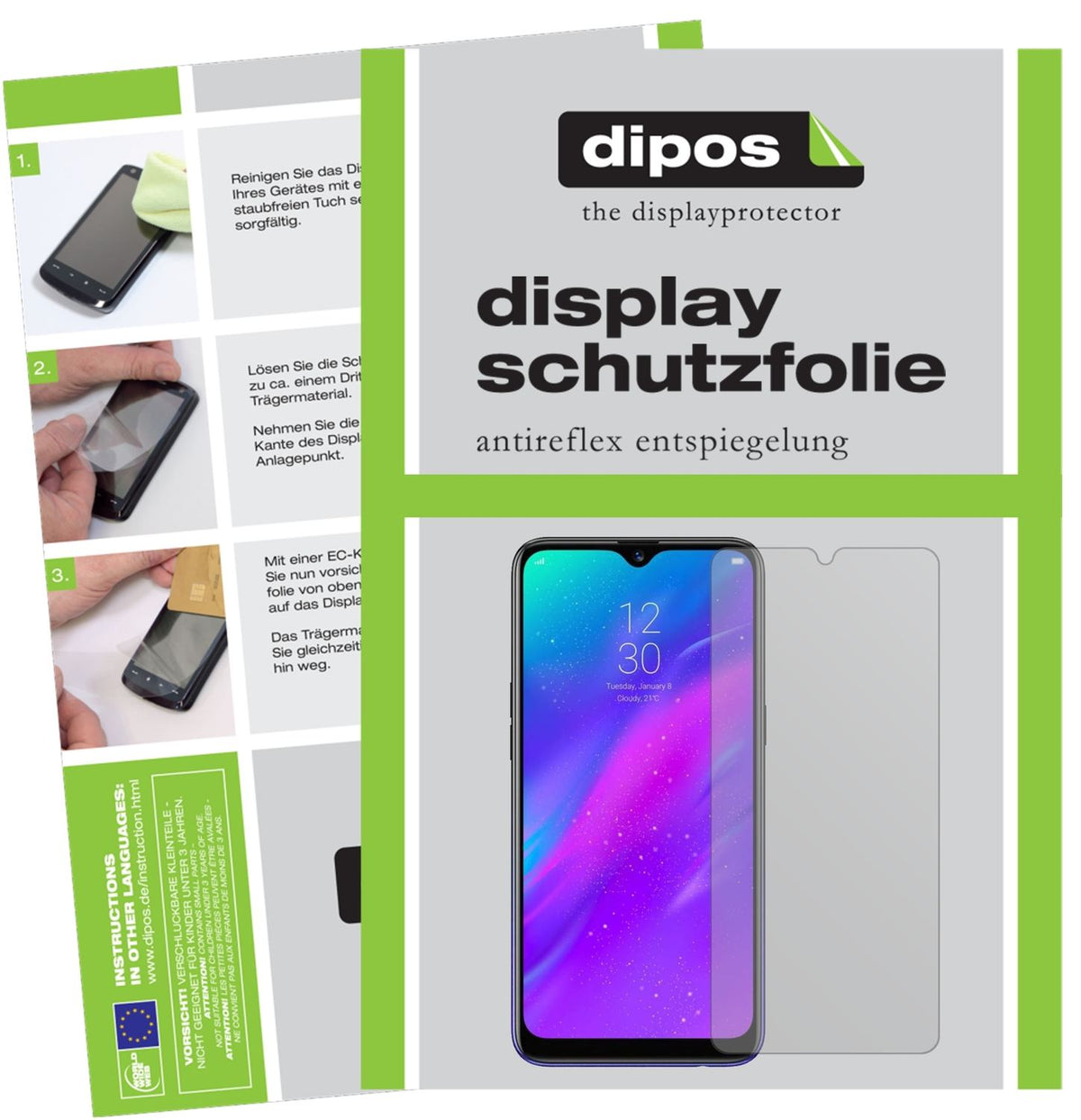 Matte Displayschutzfolie von dipos passend für Oppo Realme 3, präziser Zuschnitt und blasenfrei montiert