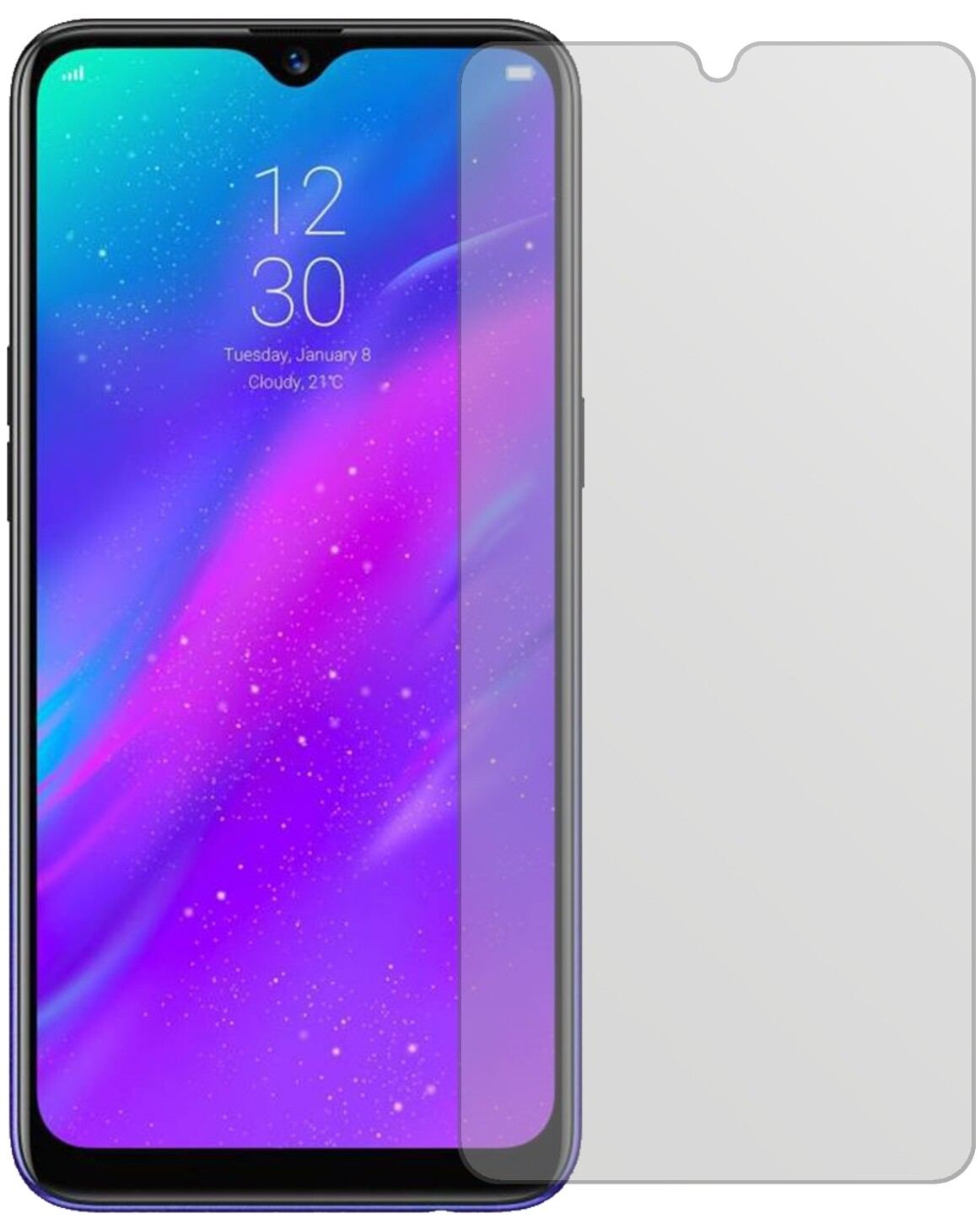 OppoRealme 3 mit aufgebrachter dipos Displayschutzfolie, die lästige Fingerabdrücke minimiert