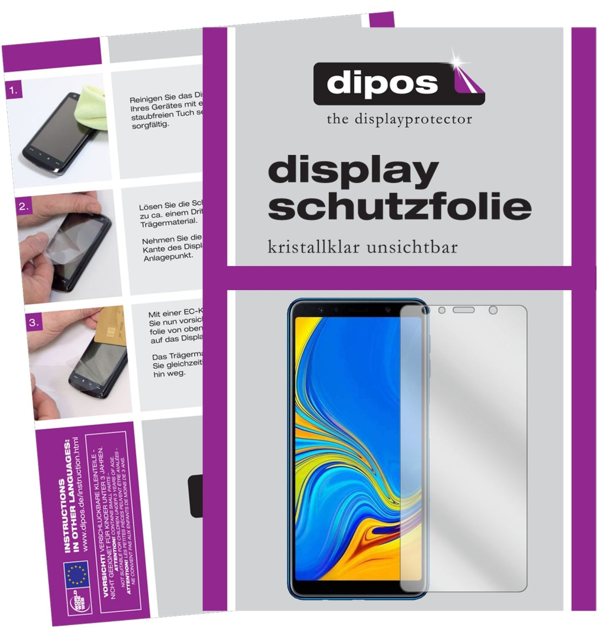 Klare Displayschutzfolie von dipos passend für Samsung J4 Core (2018), präziser Zuschnitt und blasenfrei montiert