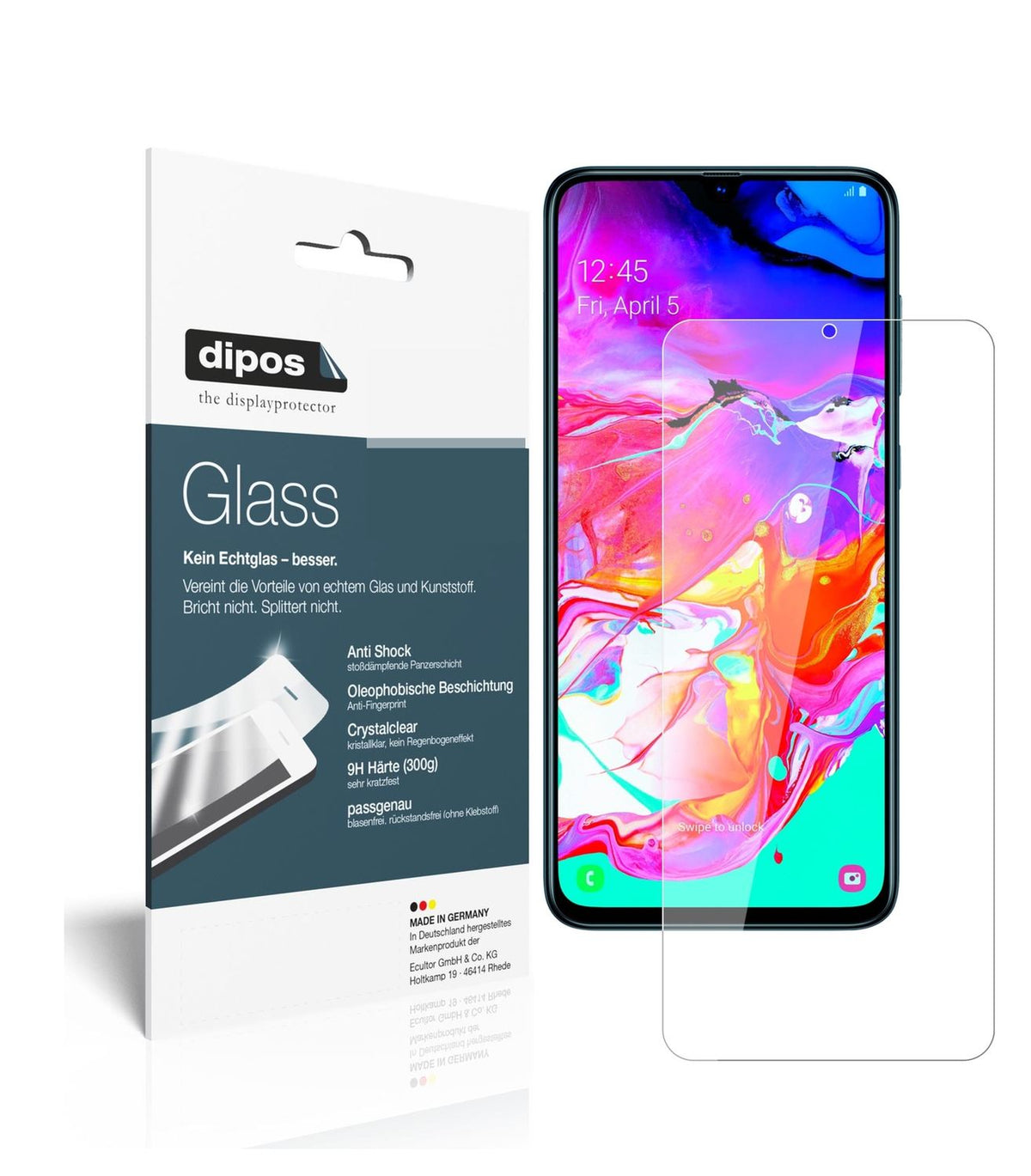 Klare Displayschutzfolie von dipos passend für Samsung Galaxy A70, 9H kratzfest und blasenfrei montiert