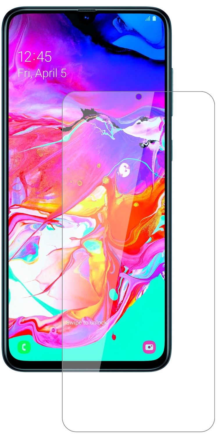 SamsungGalaxy A70 mit aufgebrachter dipos Flex Schutzfolie, glasklare Darstellung ohne Einschränkungen