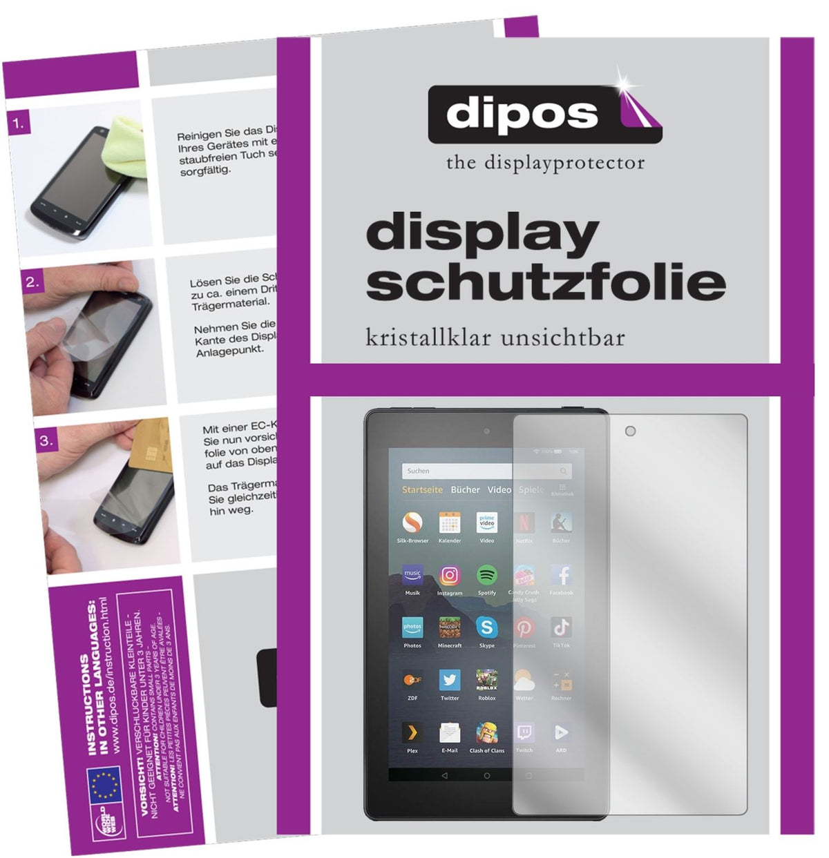 Klare Displayschutzfolie von dipos passend für Amazon Fire 7 Tablet Kids Edition (2019), präziser Zuschnitt und blasenfrei montiert