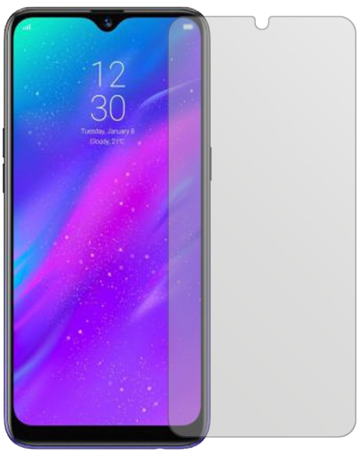 OppoRealme 3 Pro mit aufgebrachter dipos Displayschutzfolie, die lästige Fingerabdrücke minimiert