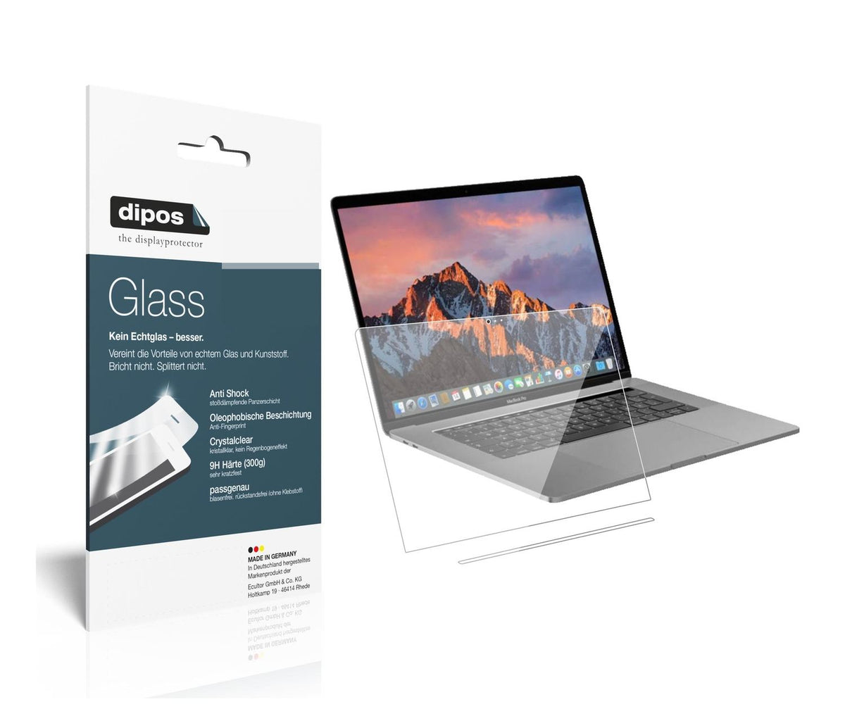 Klare Displayschutzfolie von dipos passend für Apple MacBook Pro 13 Zoll (2019) Touchbar, 9H kratzfest und blasenfrei montiert