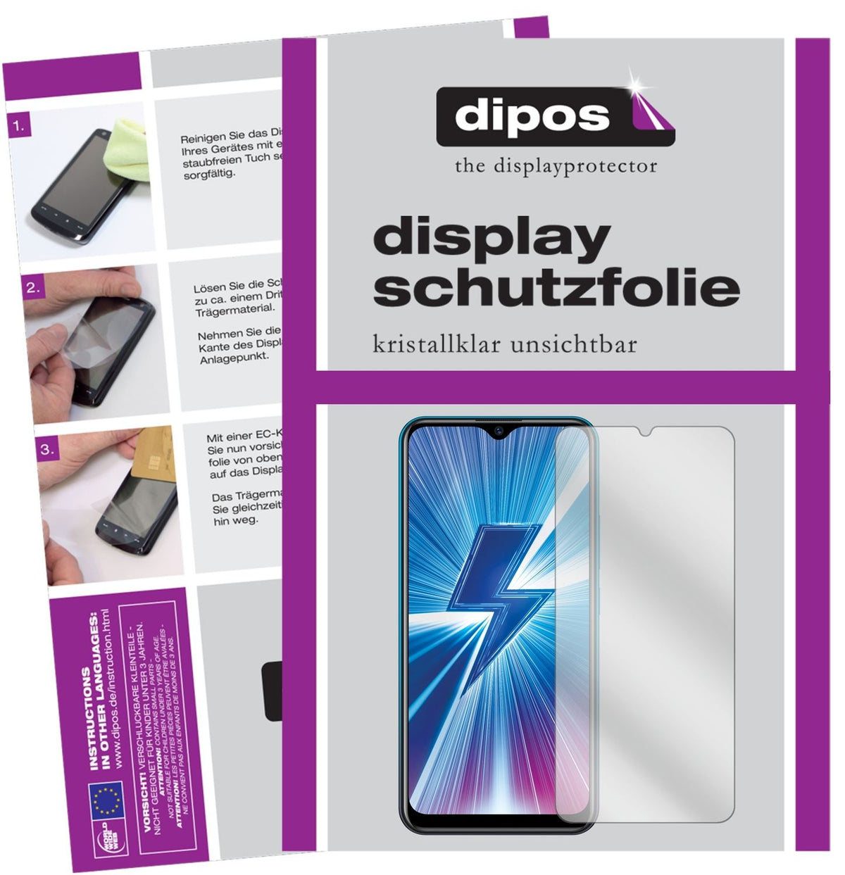 Klare Displayschutzfolie von dipos passend für Vivo Y3, präziser Zuschnitt und blasenfrei montiert