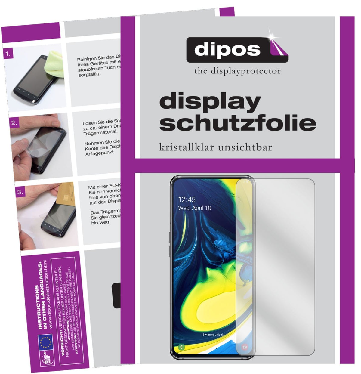 Klare Displayschutzfolie von dipos passend für Samsung Galaxy A80, präziser Zuschnitt und blasenfrei montiert