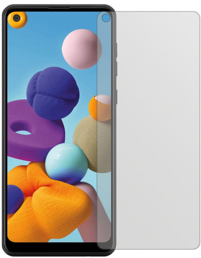 SamsungGalaxy A21 mit aufgebrachter dipos Displayschutzfolie, die lästige Fingerabdrücke minimiert
