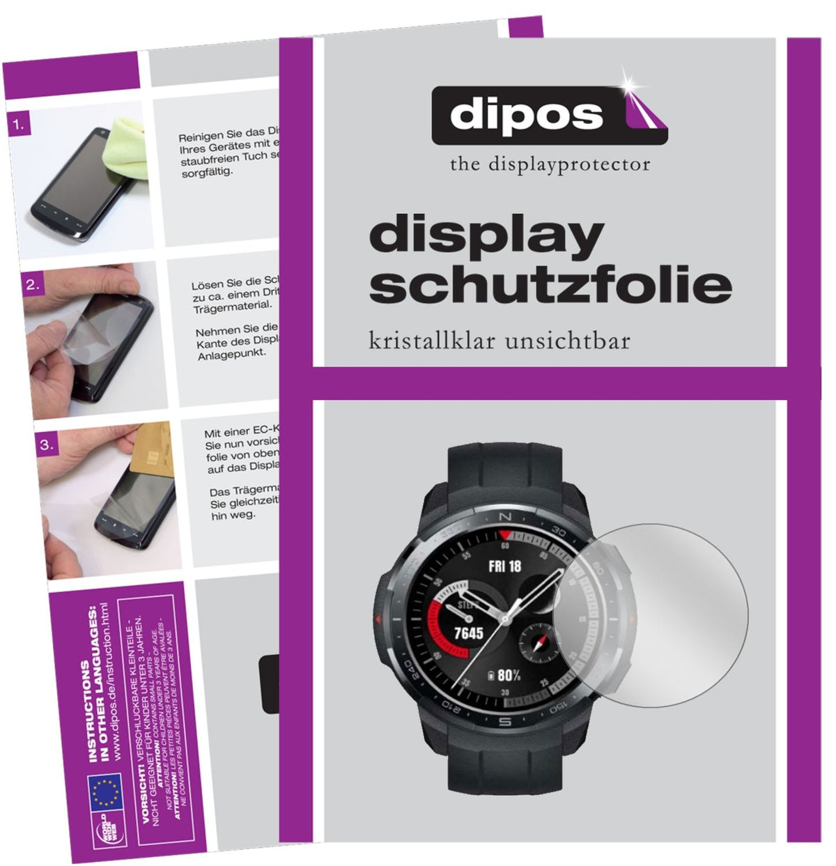 Klare Displayschutzfolie von dipos passend für Honor GS Pro Smartwatch (48mm), präziser Zuschnitt und blasenfrei montiert