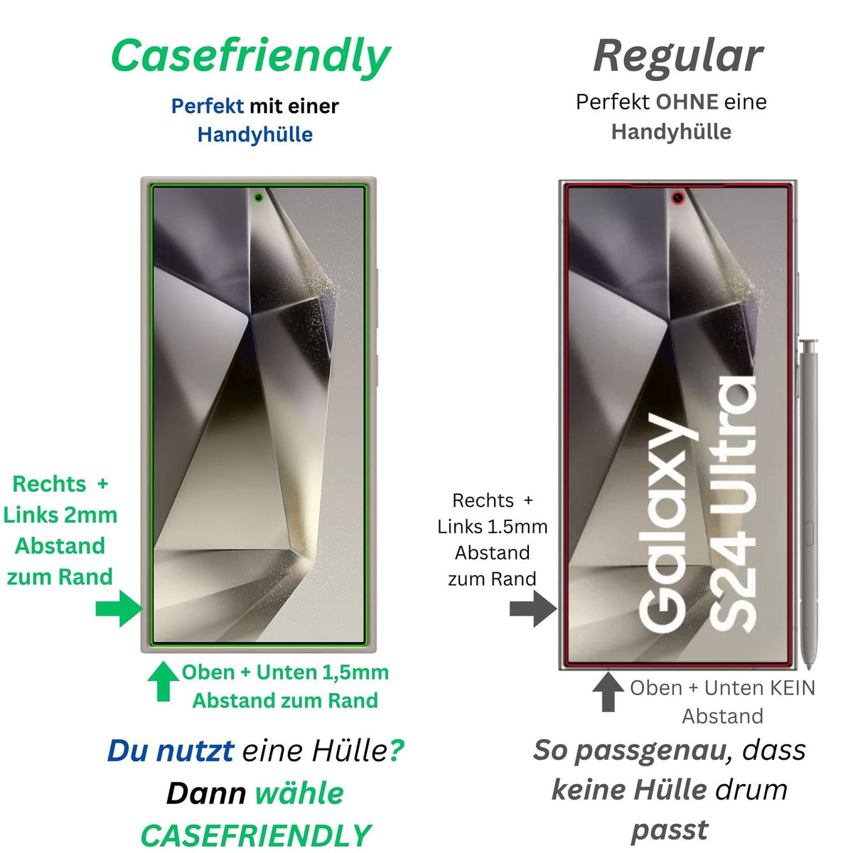 SamsungGalaxy S24 Ultra (Case Friendly) mit aufgebrachter dipos Displayschutzfolie, glasklare Darstellung ohne Einschränkungen