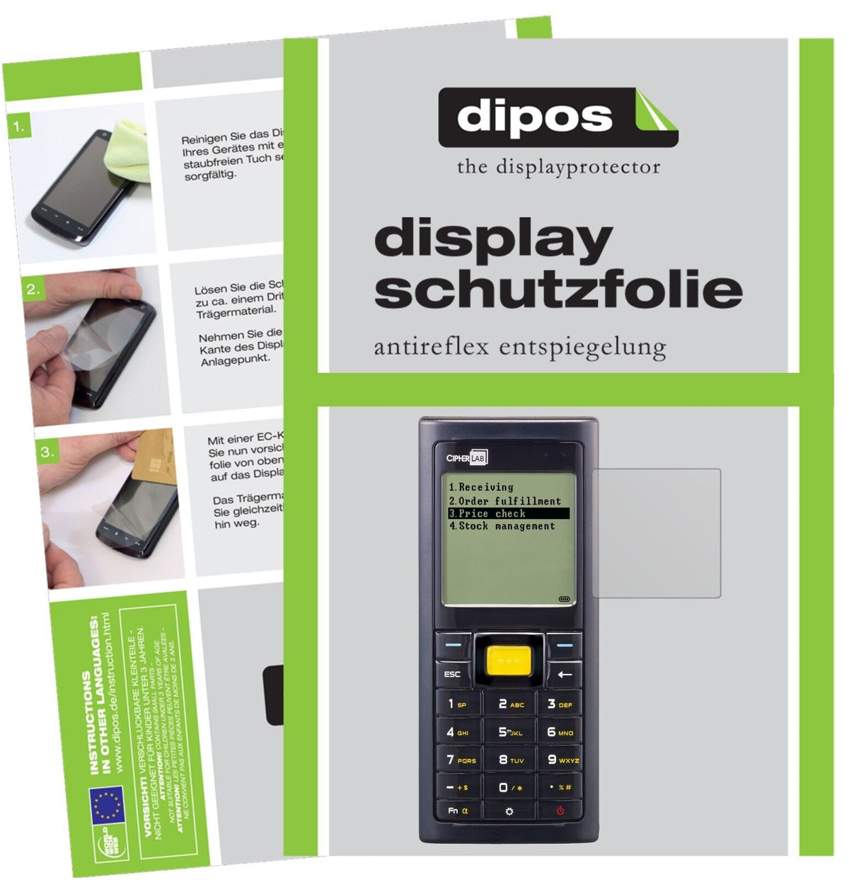 Cipherlab8200 mit aufgebrachter dipos Displayschutzfolie, die lästige Fingerabdrücke minimiert