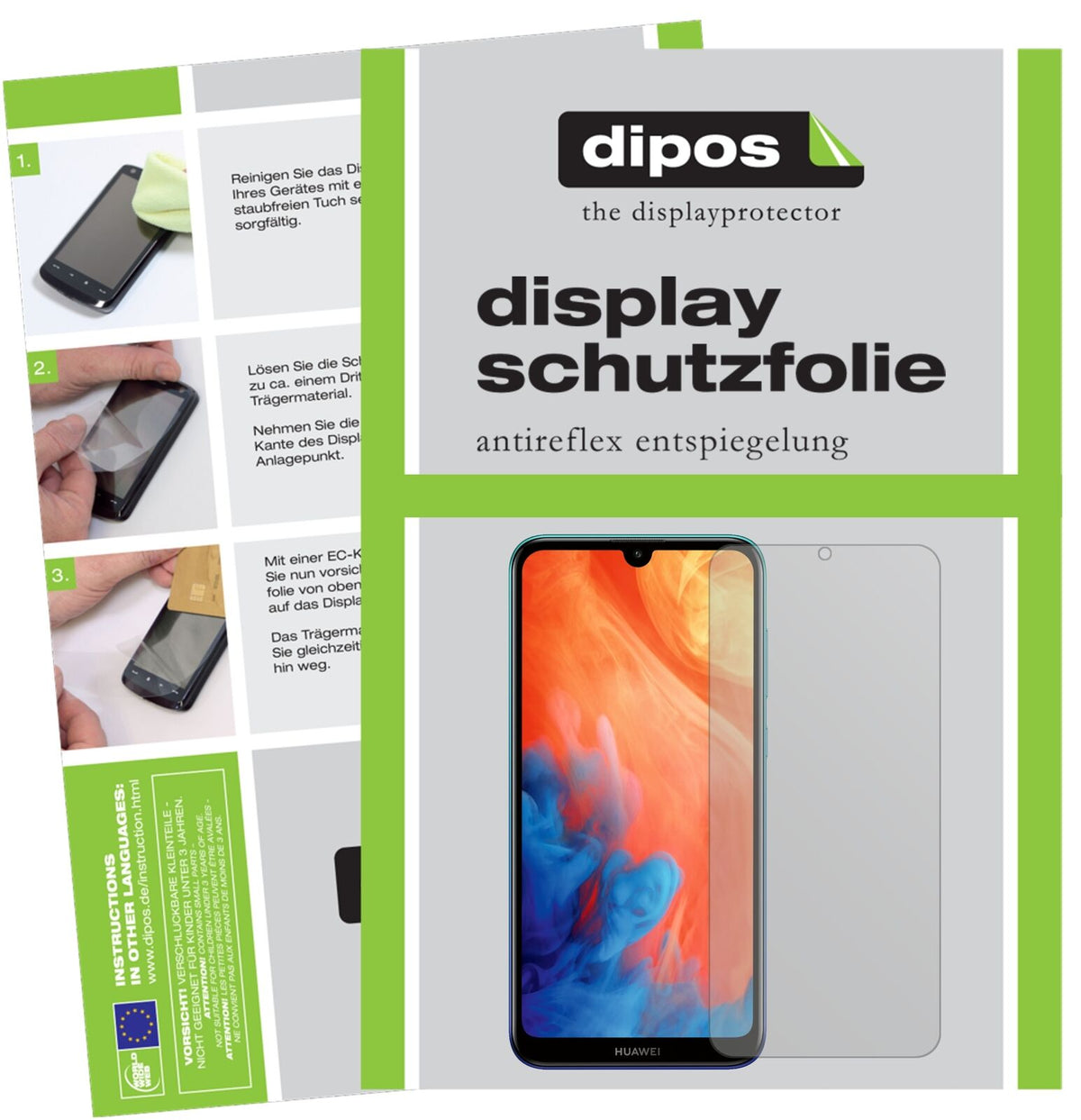 HuaweiY7 Prime (2019) mit aufgebrachter dipos Displayschutzfolie, die lästige Fingerabdrücke minimiert