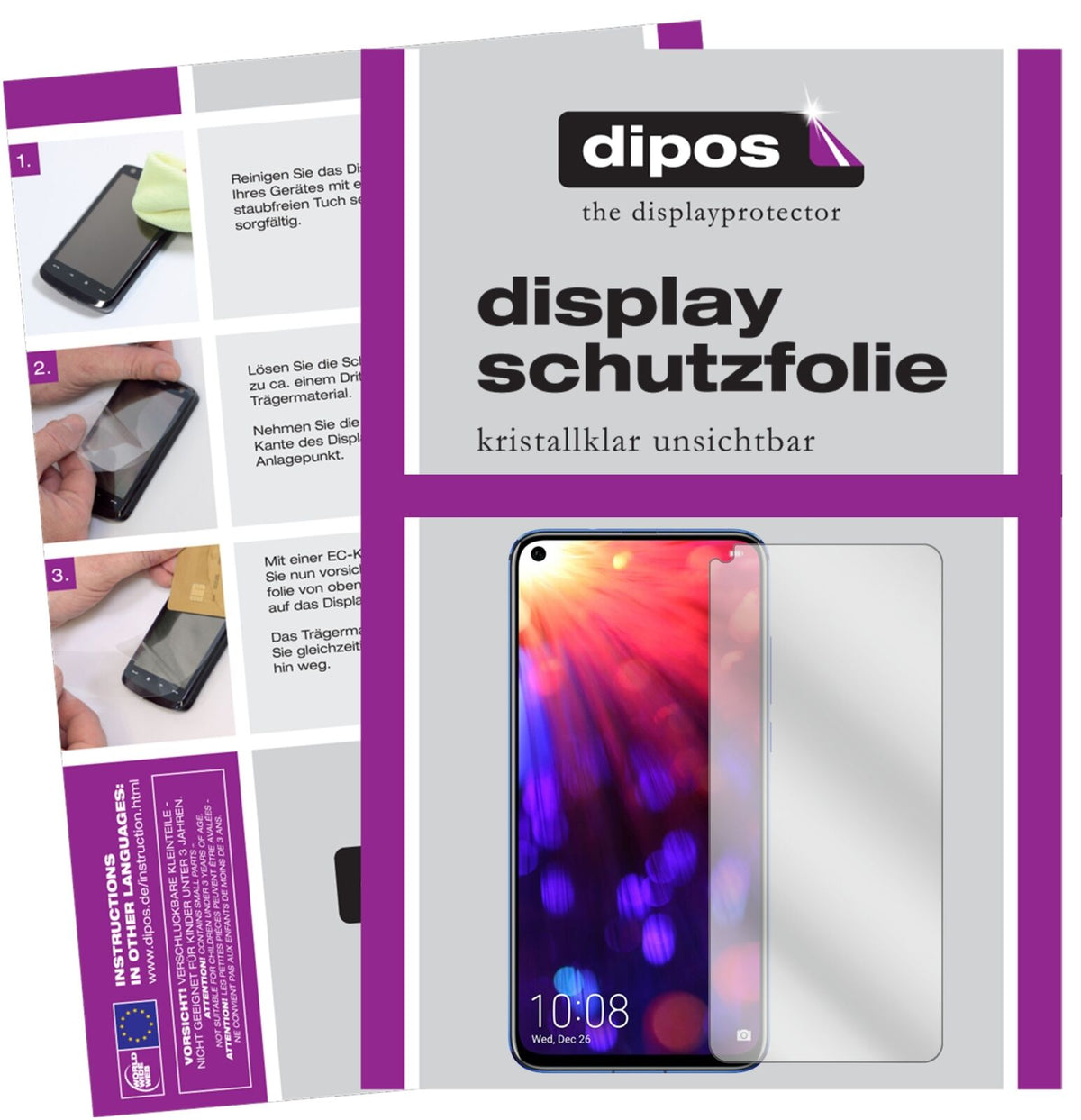 HonorV20 mit aufgebrachter dipos Displayschutzfolie, glasklare Darstellung ohne Einschränkungen