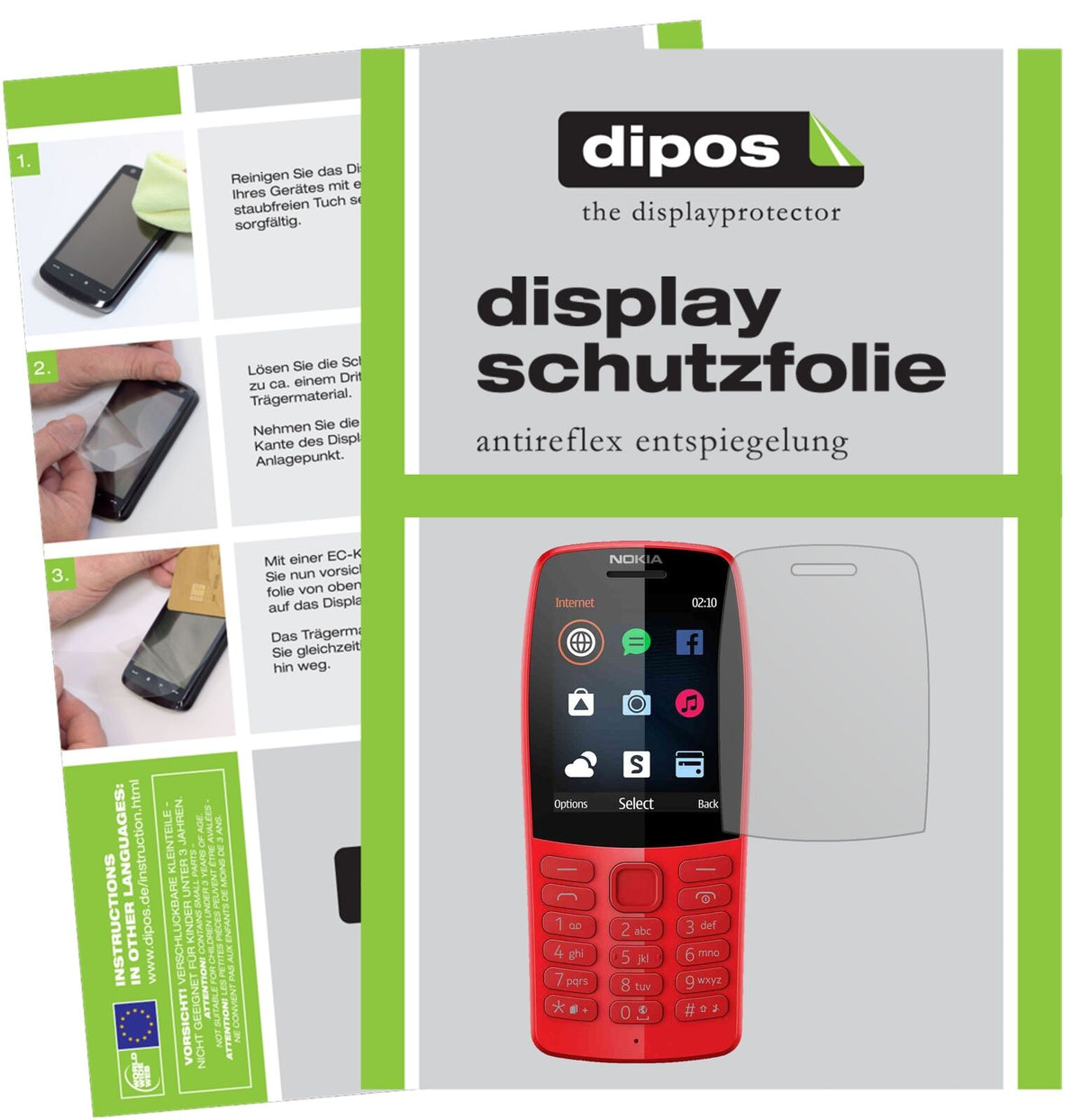 Nokia210 mit aufgebrachter dipos Displayschutzfolie, die lästige Fingerabdrücke minimiert
