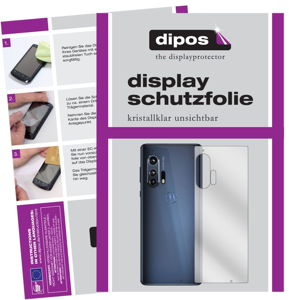 Klare Displayschutzfolie von dipos passend für Motorola Edge Rückseite, präziser Zuschnitt und blasenfrei montiert