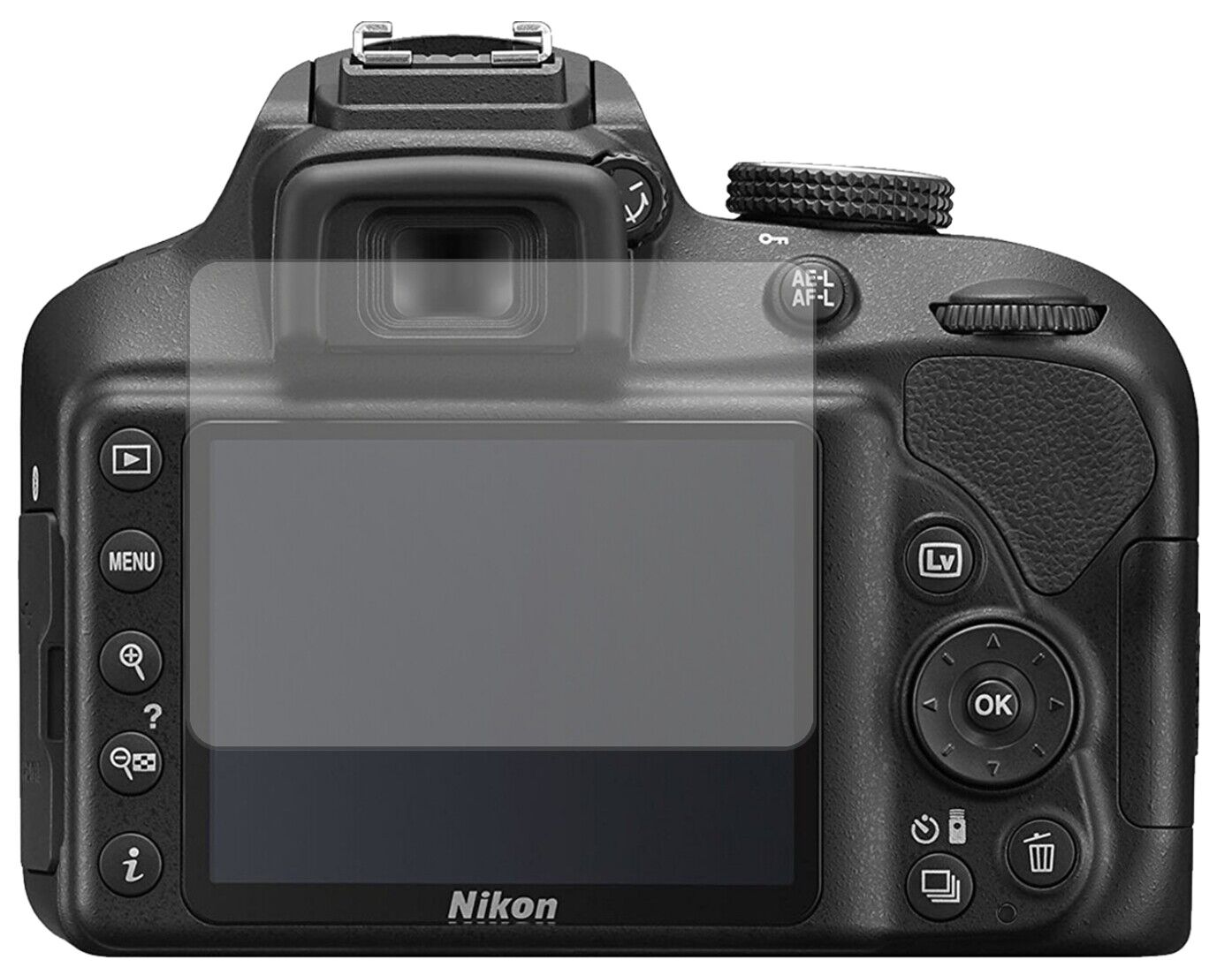 Nikon3400 mit aufgebrachter dipos Displayschutzfolie, die lästige Fingerabdrücke minimiert