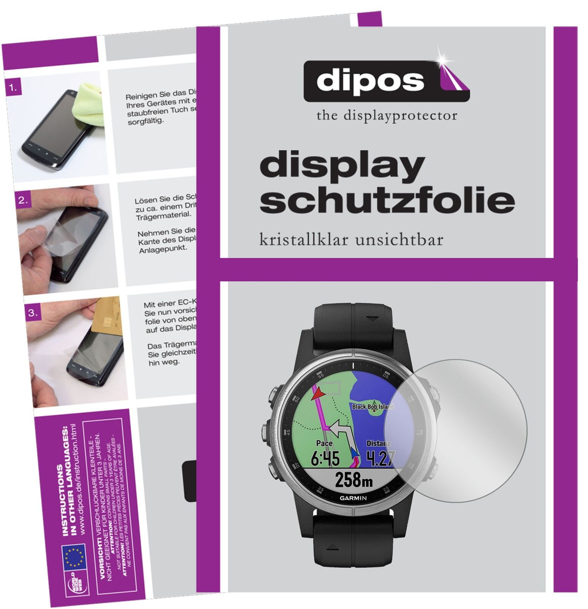 Garminfenix 5s Plus (42mm) mit aufgebrachter dipos Displayschutzfolie, glasklare Darstellung ohne Einschränkungen