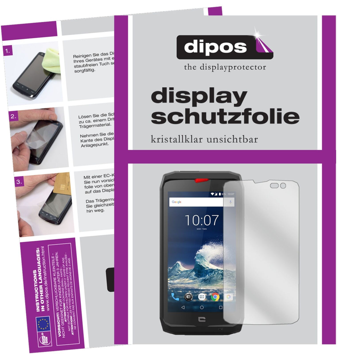 CrosscallAction-X3 mit aufgebrachter dipos Displayschutzfolie, glasklare Darstellung ohne Einschränkungen