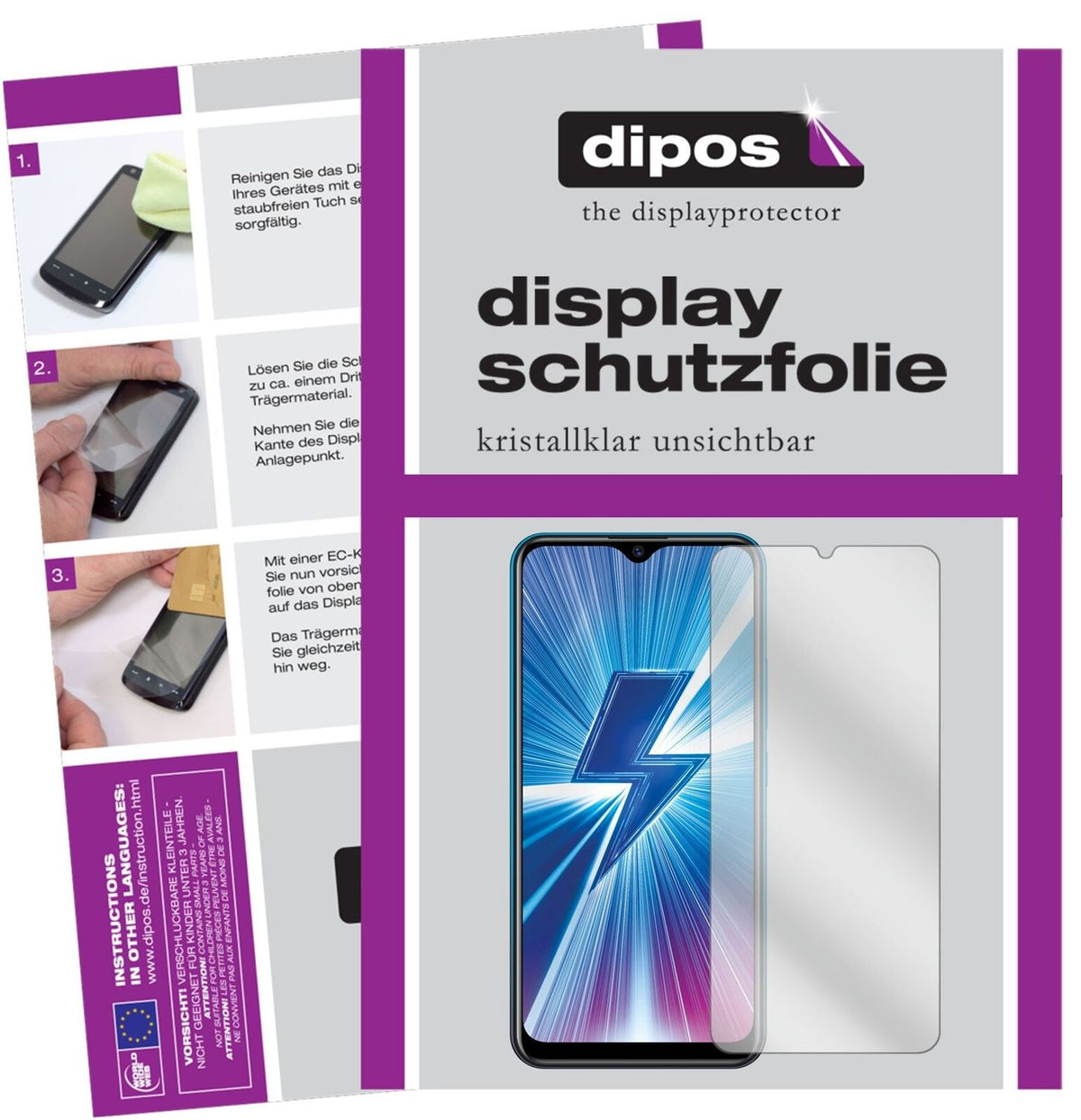 VivoY3 mit aufgebrachter dipos Displayschutzfolie, glasklare Darstellung ohne Einschränkungen
