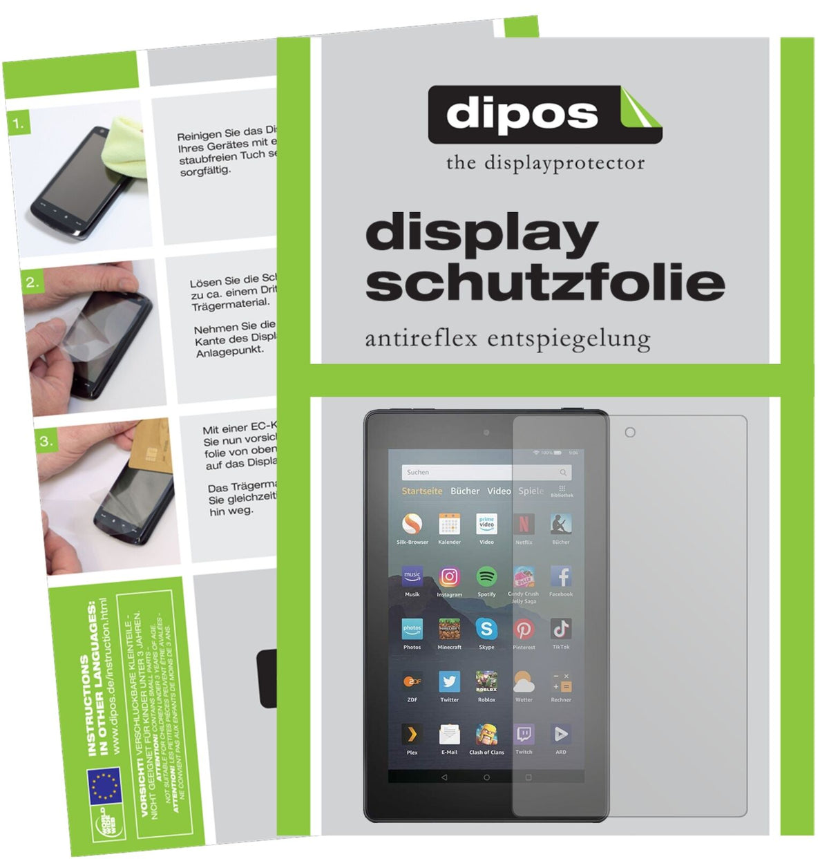 AmazonFire 7 Tablet Kids Edition (2019) mit aufgebrachter dipos Displayschutzfolie, die lästige Fingerabdrücke minimiert