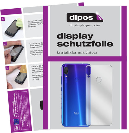 XiaomiRedmi Note 7 Pro Rückseite mit aufgebrachter dipos Displayschutzfolie, glasklare Darstellung ohne Einschränkungen