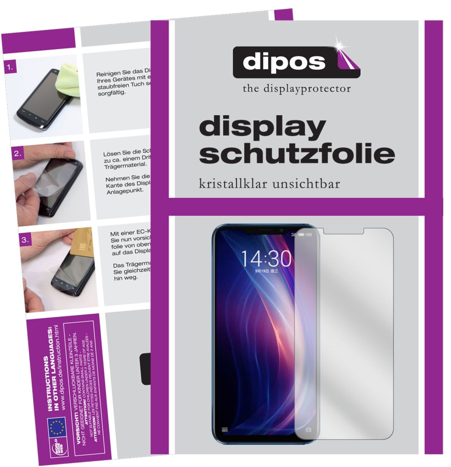 MeizuX8 mit aufgebrachter dipos Displayschutzfolie, glasklare Darstellung ohne Einschränkungen
