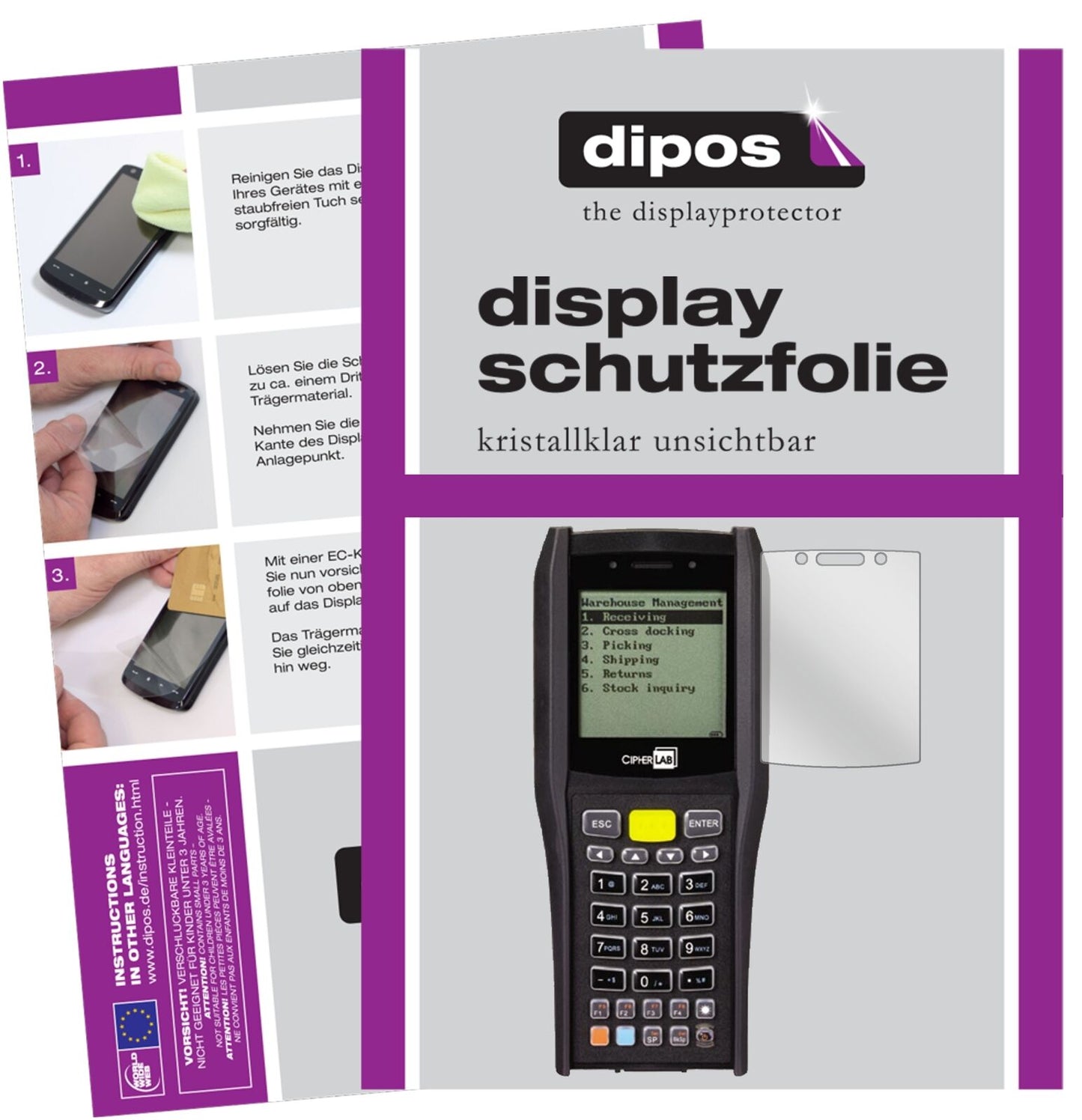 Cipherlab8470 mit aufgebrachter dipos Displayschutzfolie, glasklare Darstellung ohne Einschränkungen