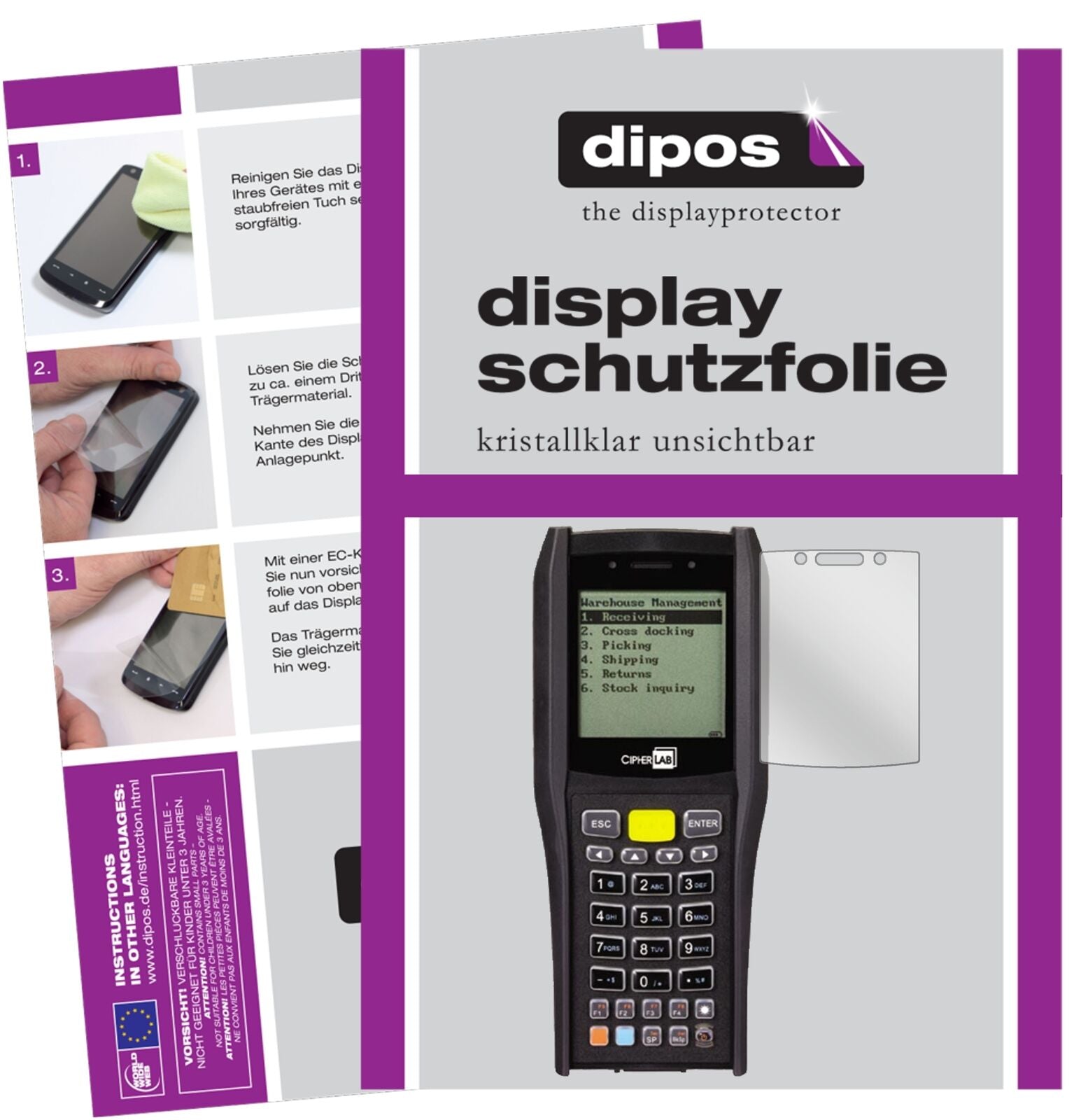 Cipherlab8470 mit aufgebrachter dipos Displayschutzfolie, glasklare Darstellung ohne Einschränkungen