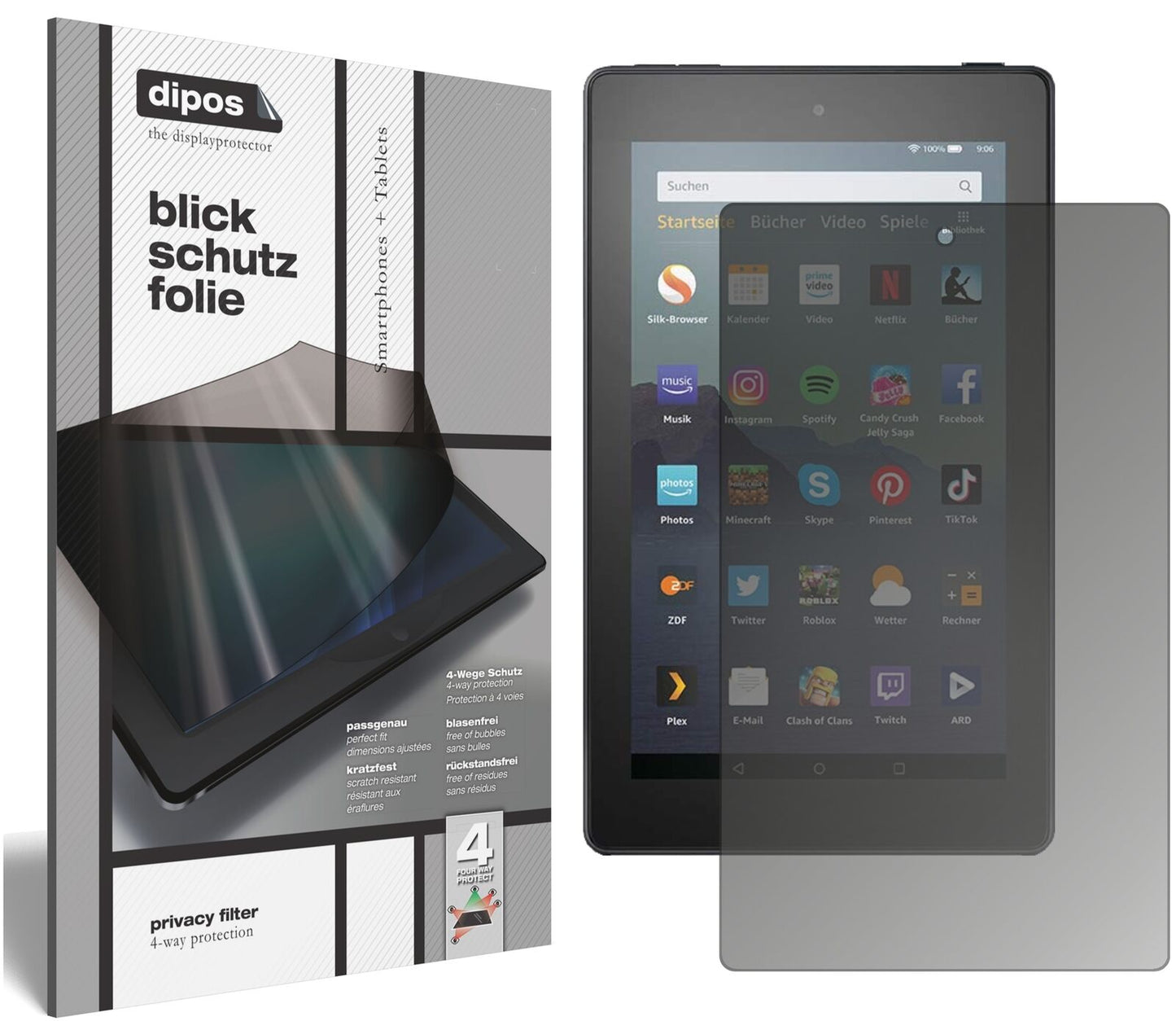 AmazonFire 7 Tablet (2019) mit aufgebrachtem dipos Displayschutz, der seitliche Einblicke blockiert