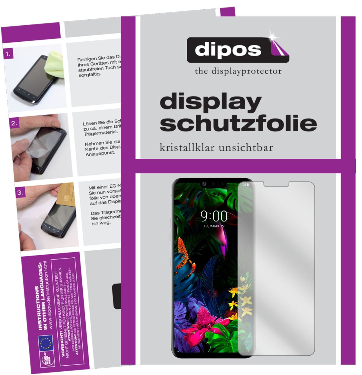 LGG8 ThinQ mit aufgebrachter dipos Displayschutzfolie, glasklare Darstellung ohne Einschränkungen