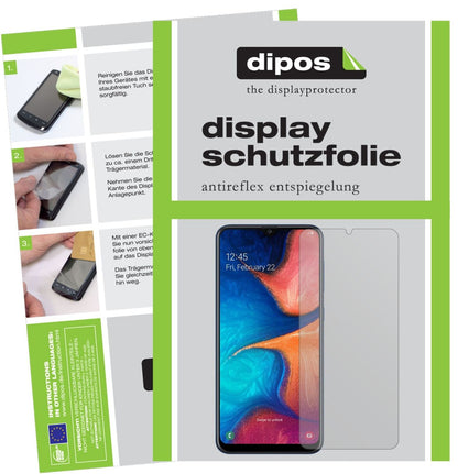 SamsungGalaxy A20e mit aufgebrachter dipos Displayschutzfolie, die lästige Fingerabdrücke minimiert