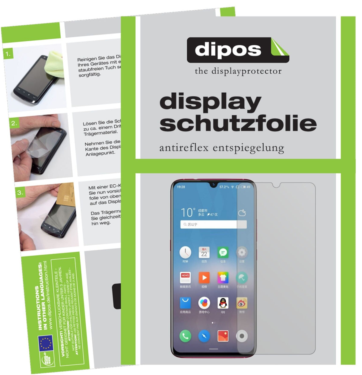 MeizuNote 9 mit aufgebrachter dipos Displayschutzfolie, die lästige Fingerabdrücke minimiert