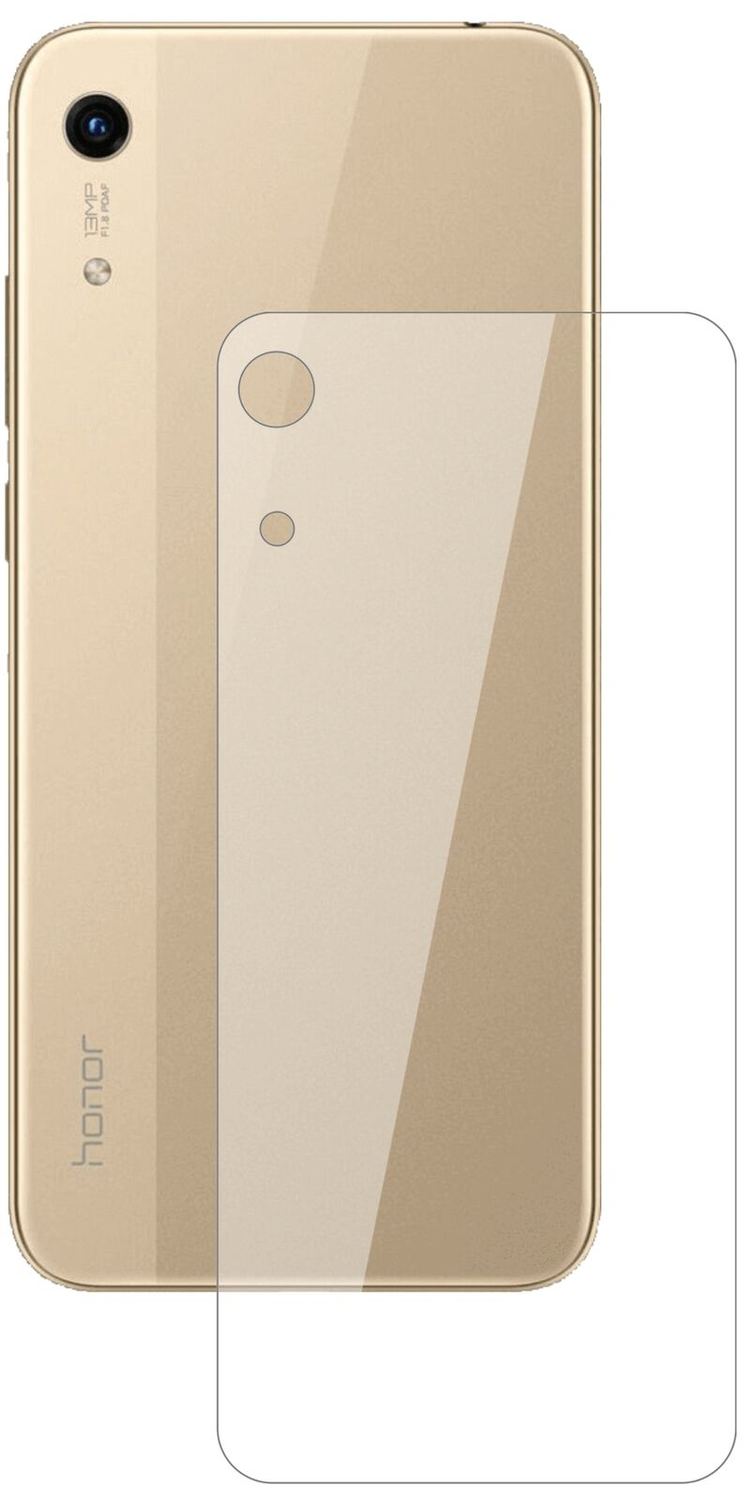 Honor8A Pro Rückseite mit aufgebrachter dipos Flex Schutzfolie, glasklare Darstellung ohne Einschränkungen