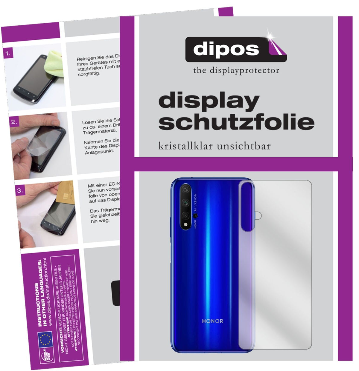 Honor20 Pro Rückseite mit aufgebrachter dipos Displayschutzfolie, glasklare Darstellung ohne Einschränkungen