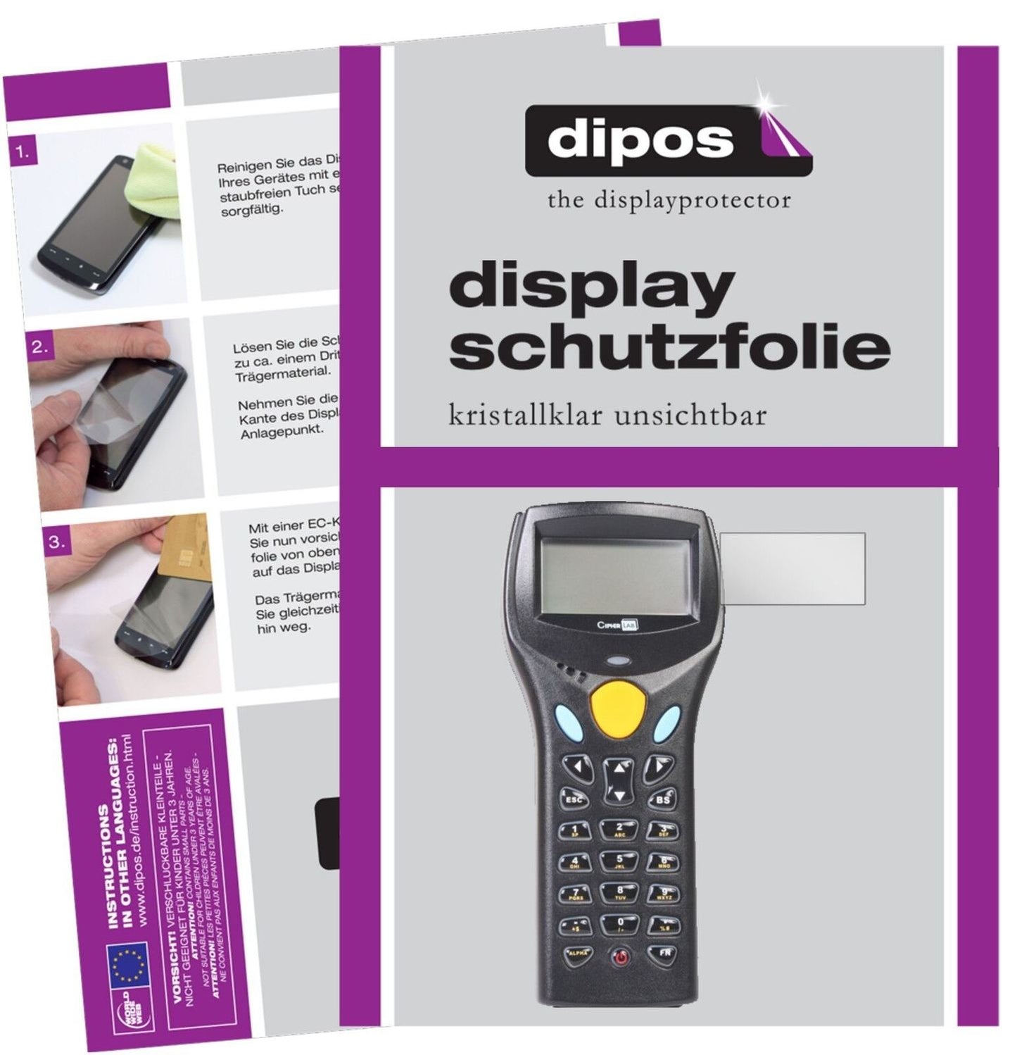 Cipherlab8300 mit aufgebrachter dipos Displayschutzfolie, glasklare Darstellung ohne Einschränkungen
