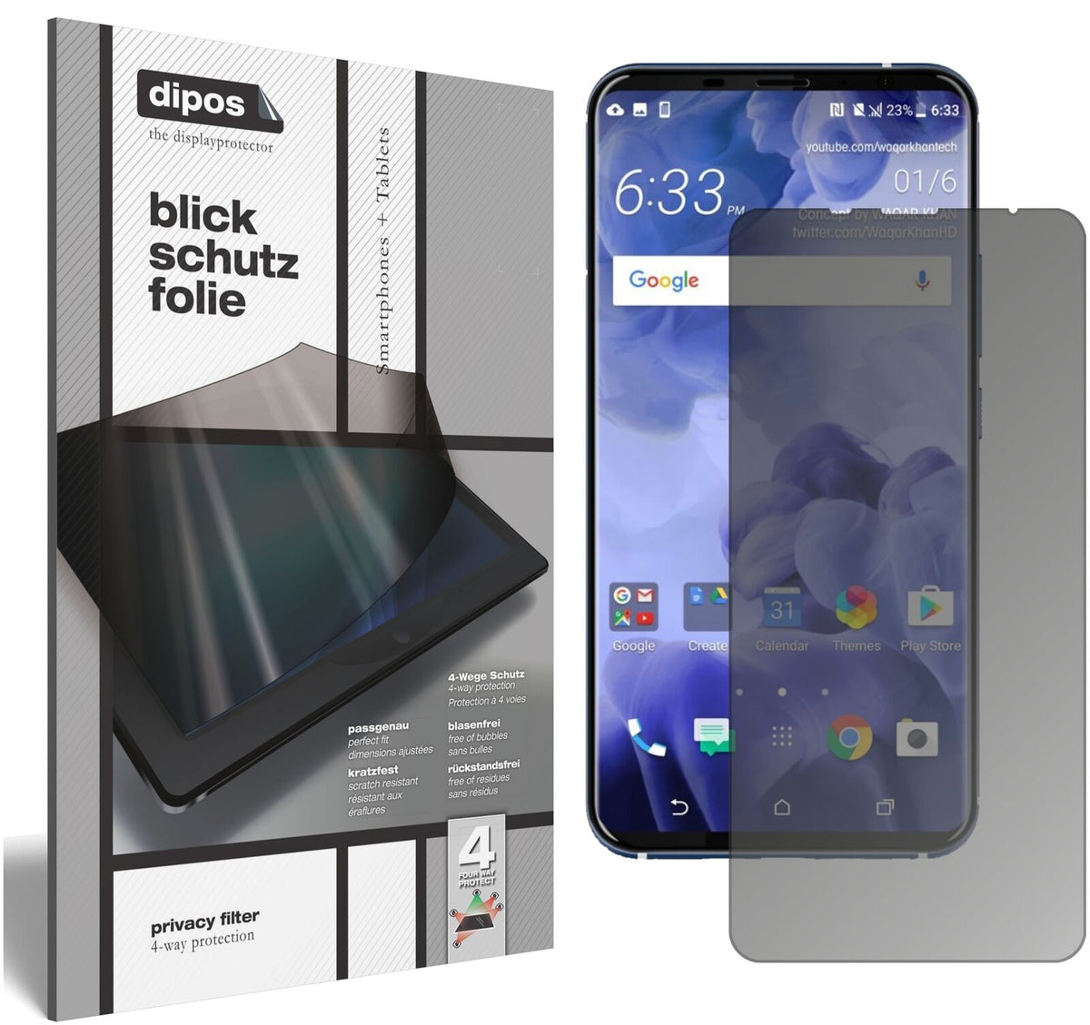 Blickschutzfolie von dipos passend für HTC U11 Plus, präziser Zuschnitt und blasenfrei montiert